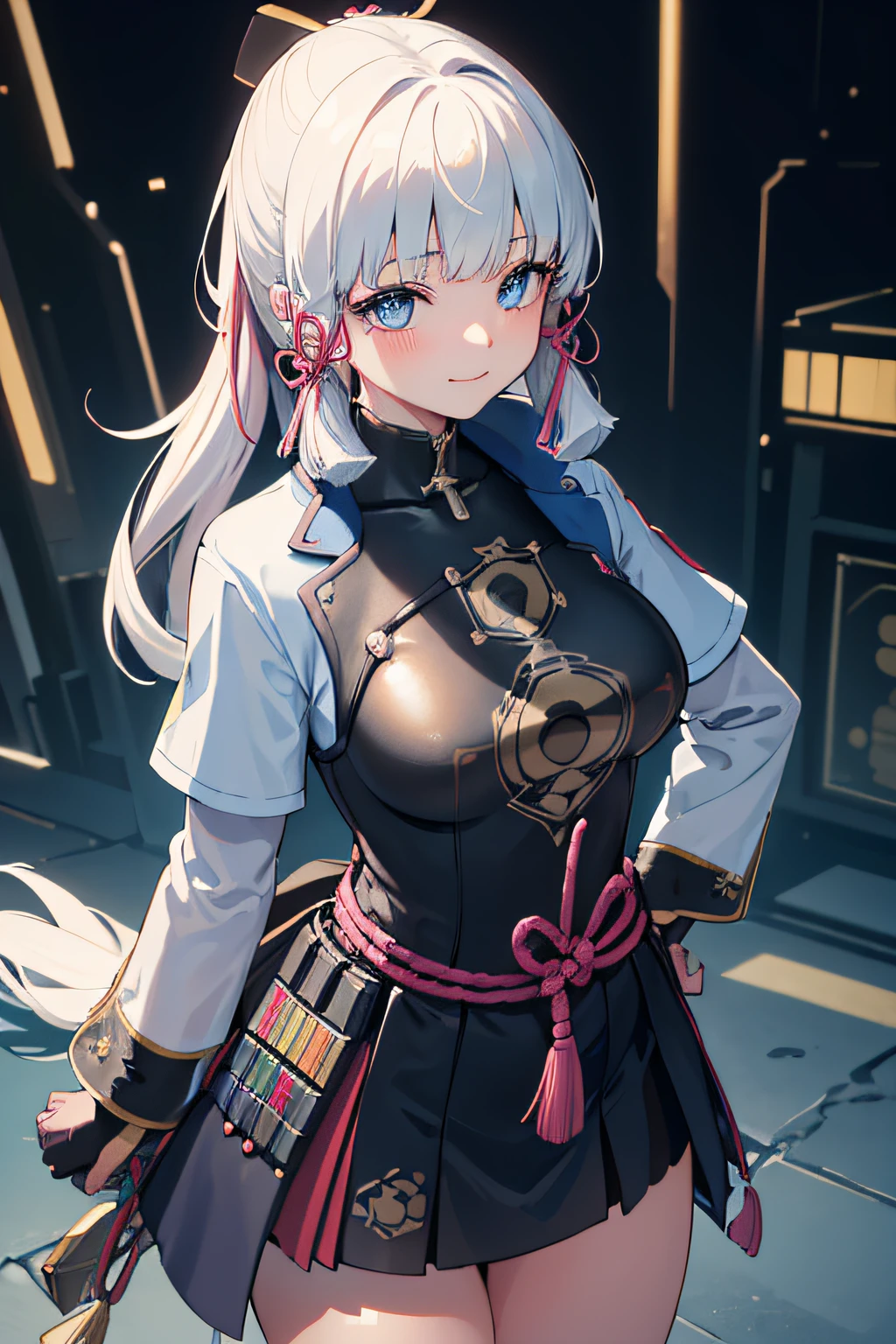 (((masterpiece))), 4k res, highly detailed, (((extremely detailed eyes))), detailed background, cinematic lighting, crystal clear eyes, high quality, highres, ultra-detailed, 8k, best quality, 1girl, solo, shadow, backlighting, light particles, Thick Eyelashes, Wide Sleeve, thick thighs, (masterpiece:1.3), (the best quality:1.2), (super fine illustrations:1.2), (Masterpiece), high quality, high detail,(SOLO:1.4),((round image)),[(cyberpunk:1):5], cyberpunk, whole body, 1girl, kamisato ayaka, smile, blush, closed mouth, cryokinesis, black gloves, thick, arms behind back, hands on hips, hands on own chest,big breast,