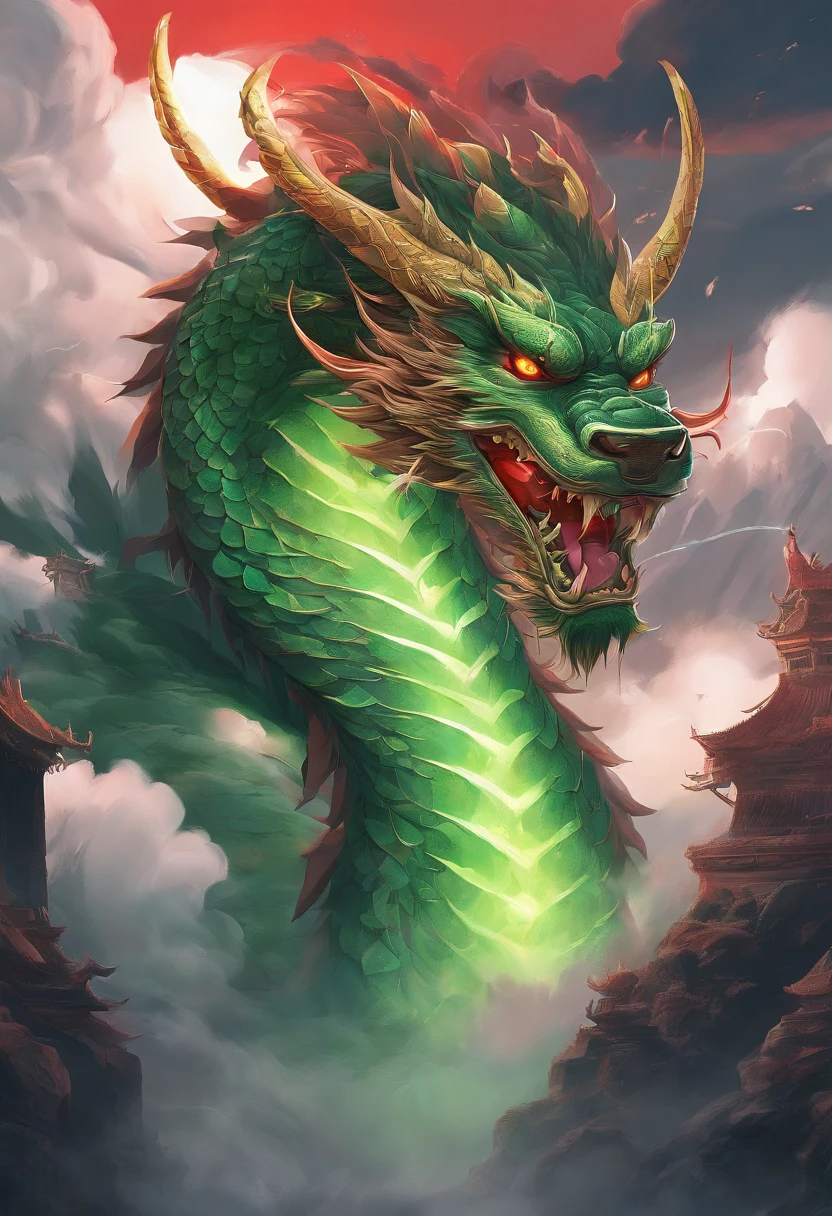 China-style,Chinese mythology,Chinese Green Dragon,tosen,Ferocious,gargantuan,The eyes glow red,Glow effects,surrounded by cloud,Thick clouds,buliding,中景 the scene is,Full body like, highly detailed surreal vfx,oc rendered,