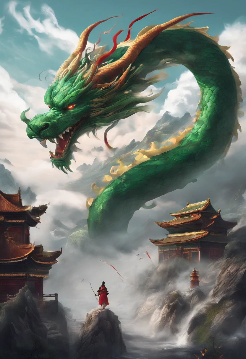 China-style，Chinese mythology，Chinese Green Dragon，tosen，Ferocious，gargantuan，The eyes glow red，Glow effects，surrounded by cloud，Thick clouds，buliding，中景 the scene is，Full body like， highly detailed surreal vfx，oc rendered，