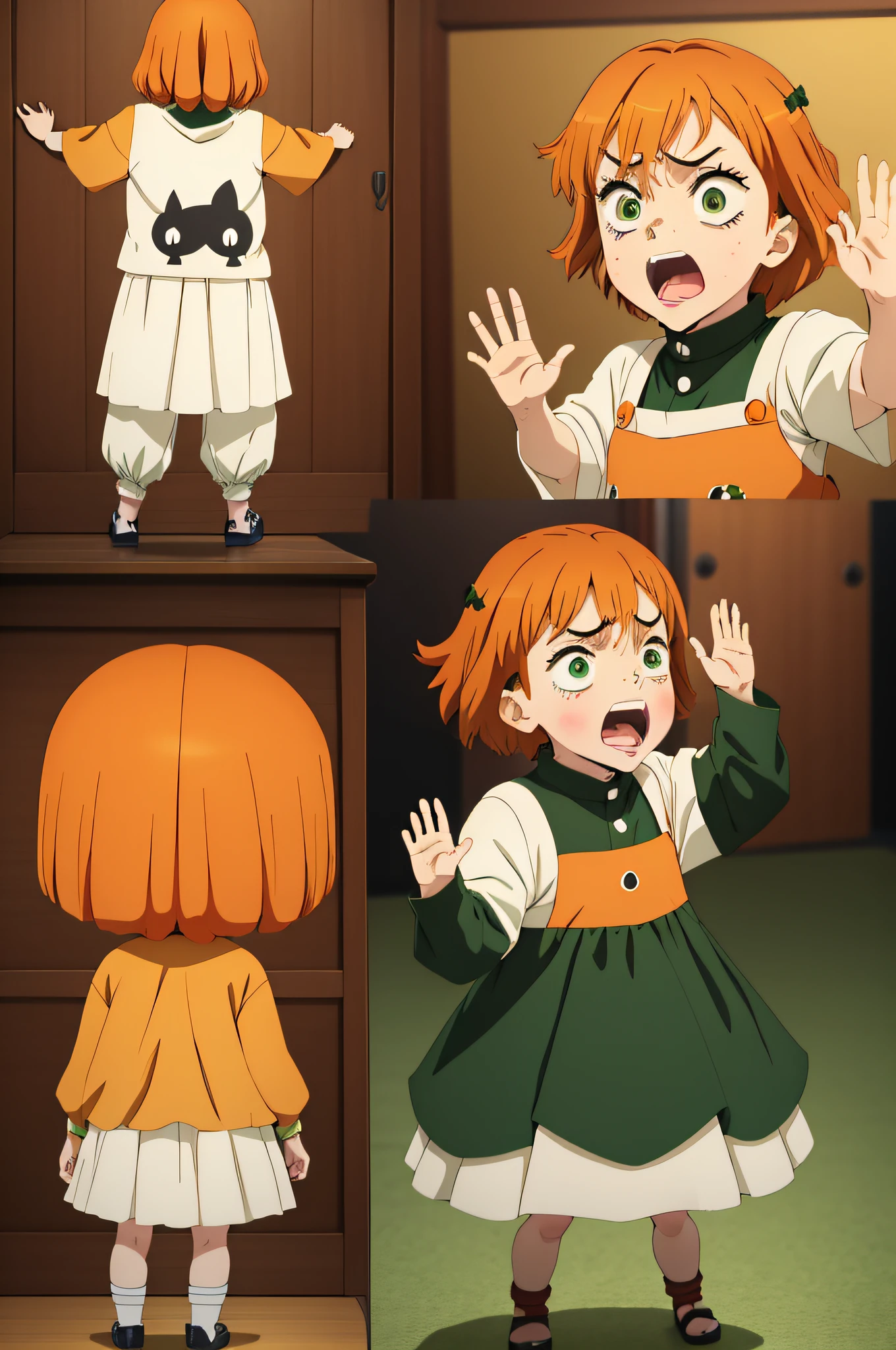 girl, kid,e, really upset, with short dark orange hair, green eyes, young age, charac sheet, different poses, upset, unhappy, furious, screaming, full body, yelling, waving hands