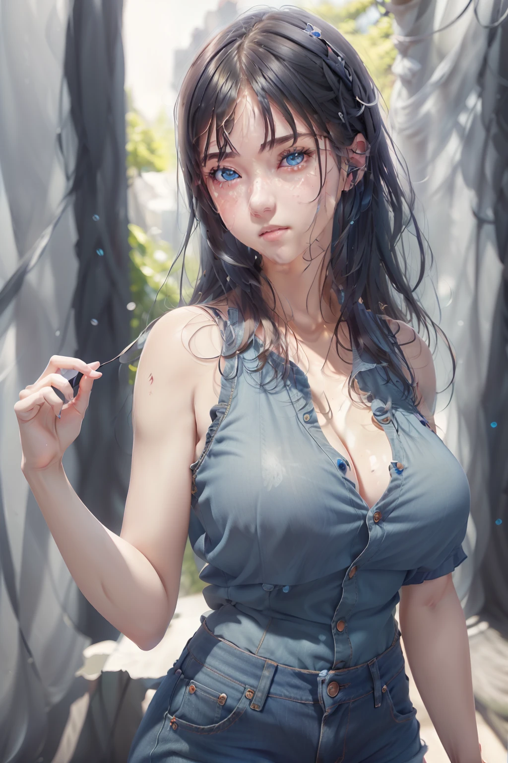 (1girll,。.。.3D, Photorealistic,Masterpiece, Best quality,ssao shadows,Environmental occlusion,skin indentation,sub surface scattering), 
chch-style, pretty, Blue eyes, Medium hair, Black hair, cleavage, vests, Jeans, Huge breasts, photorealistic skin tone