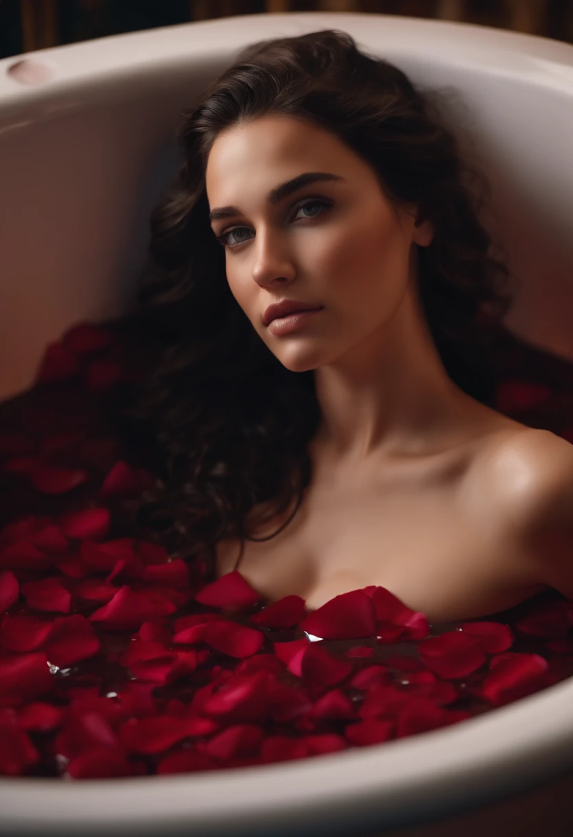 Portrait of a young beautiful woman in a bathtub filled with rose petals, her body is wet and intimate, she has a submissive expression, full body photo, top view, hyperrealistic, unreal engine 5, 8K