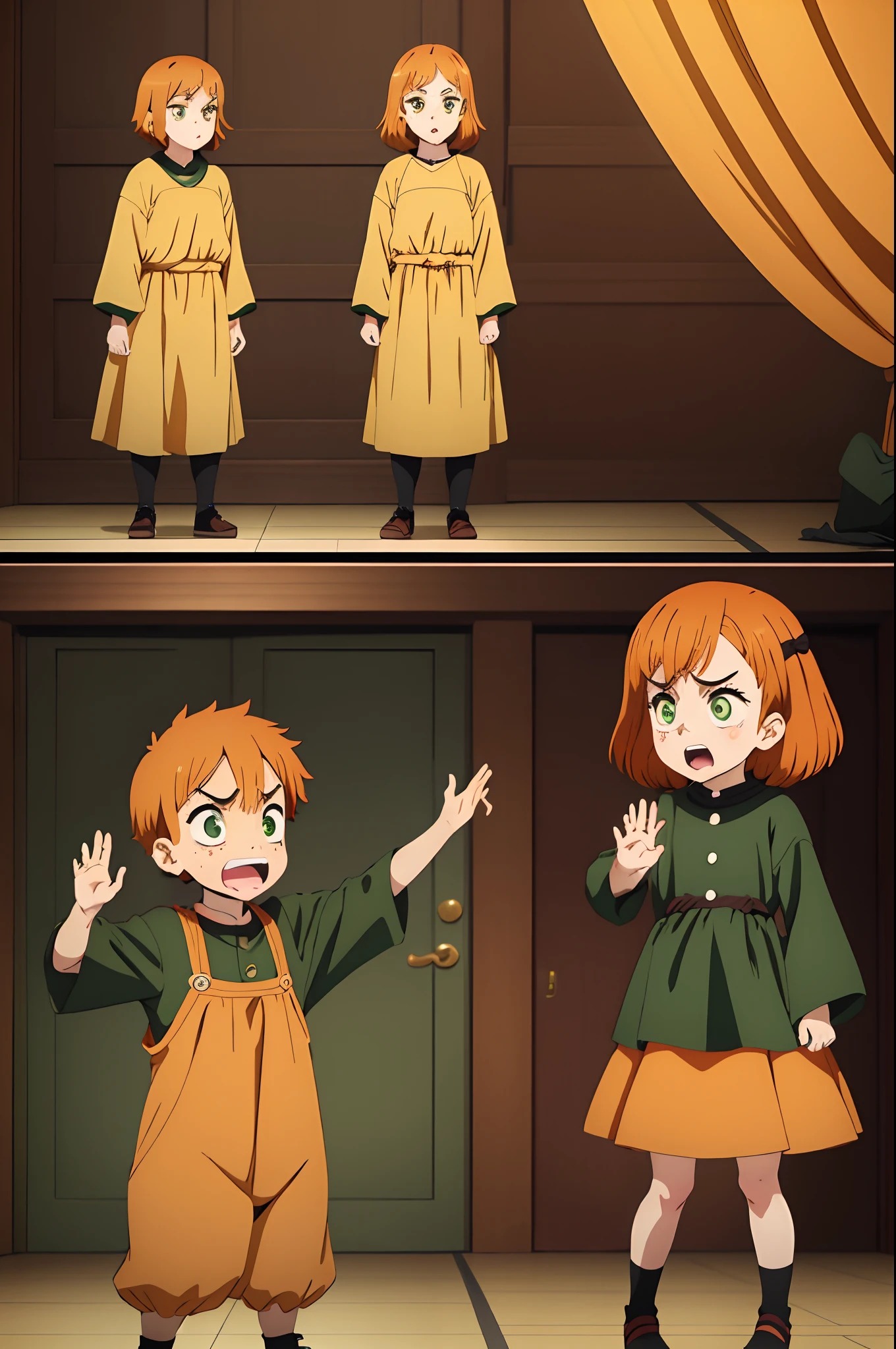 girl, kid,e, really upset, with short dark orange hair, green eyes, young age, charac sheet, different poses, upset, unhappy, furious, screaming, full body, yelling, waving hands