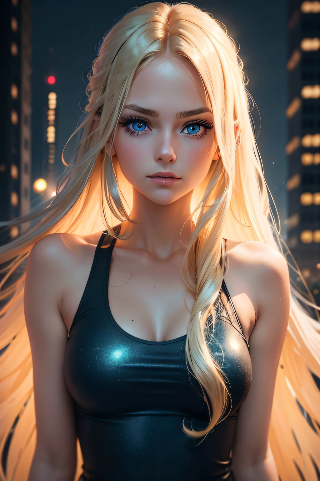 Woman with long blonde hair standing in front of 4WD light-up in the city at night with long lashes and clean face wearing a tank top and big blue sparkling eyes super close up foward facing staring straight into the camera