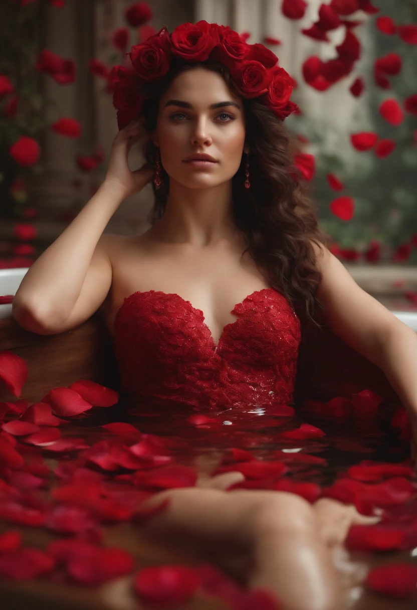 Portrait of a young beautiful Greek goddess, in a bath filled with rose petals, she is wet and intimate, she has a submissive expression, direct eye contact, hyperrealistic, unreal engine 5, 8K