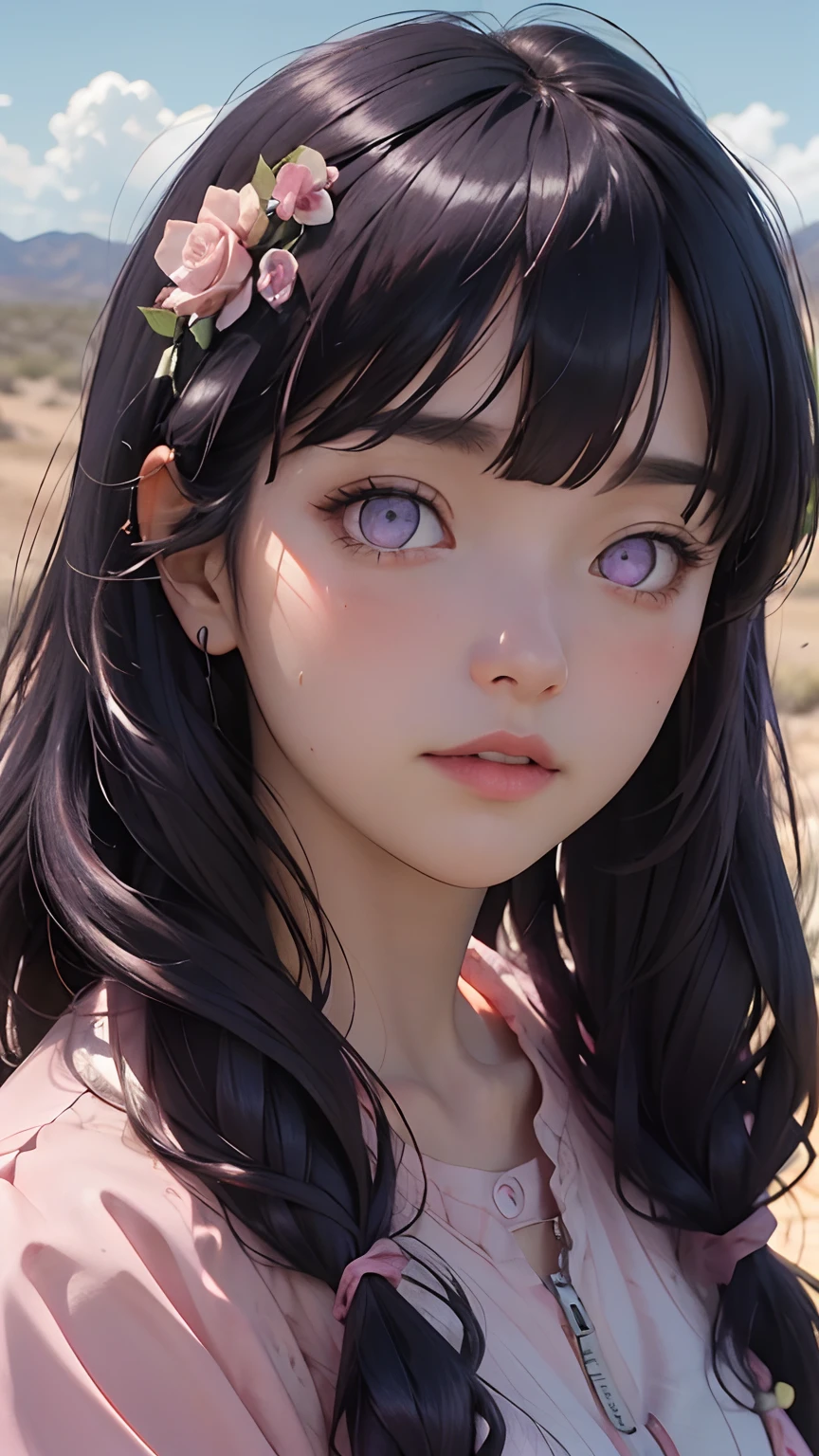 Summer, desert, pink clouds, a land overgrown with roses stands beautiful girl, James Gurney, art station rendered, ultra-wide lens, high definition,Blunt Bangs, purple eyes, long curly dark blue hair