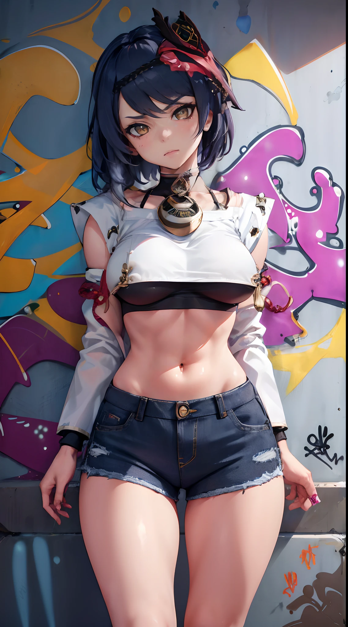 Kujou Sara Genshin Effect, masterpiece, bestquality, 1girls, mediuml breasts, bara, crop top, shorts jeans, choker, (Graffiti:1.5), Splash with purple lightning pattern., arm behind back, against wall, View viewers from the front., Thigh strap, Head tilt, bored, Ponytail, water eyes,
