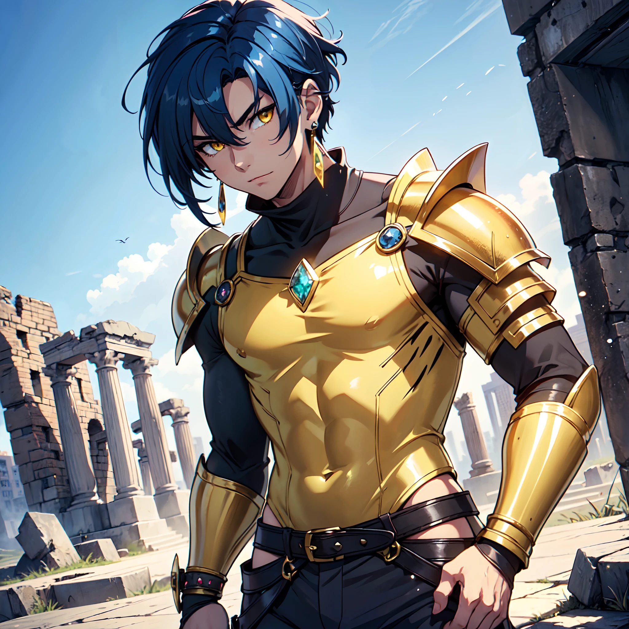 128K Ultra High Definition,
128K Ultra High Quality,
128K Ultra High Resolution,
128K Definition,
128K Quality,
128K Resolution,
Best Definition,
Best Quality,
Best Resolution,
Hyper Detailed,
Hyper Definition,
Hyper Quality,
Hyper Resolution,
Perfectly Detailed,
Perfectly Designed,
Masterpiece,
Body Shot,
Anime,
(((1 ))),
(((Handsome))),
(((Short Blue Hair))),
(((Yellow Eyes))),
(((Wearing Gem Jeweled Earrings))),
(((Wearing Warrior Armor))),
Ancient Ruins Scenery Background,