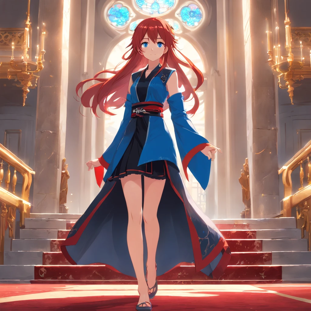 super beautiful girl style anime red hair blue eyes long hair red and black clothes princess clothes young girl perfect body in a palace