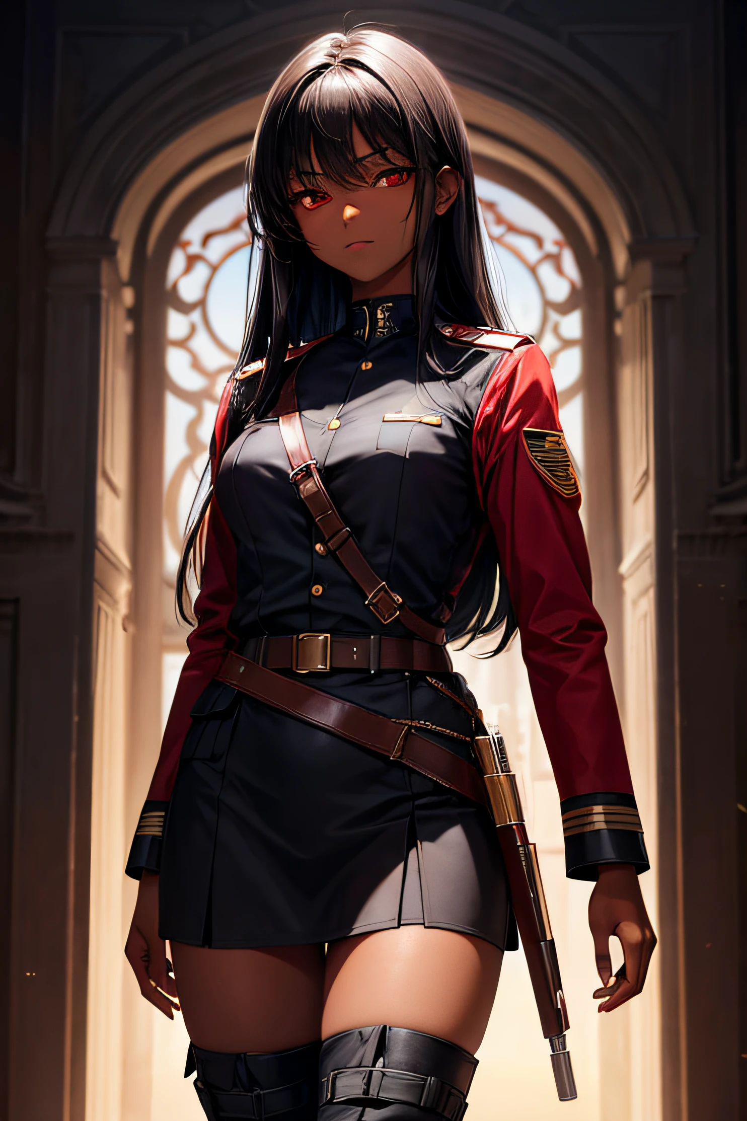 1girl, dark brown skin, long black hair, red eyes, wearing soldier outfit, absurdres, high res, ultrasharp, 8K, masterpiece, looking at viewer