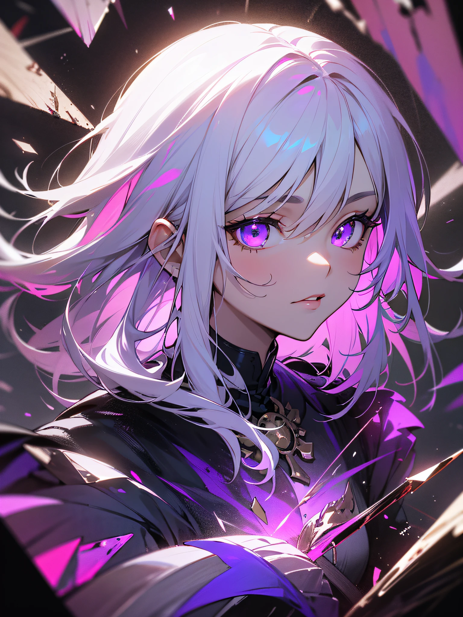 (masterpiece, best quality, ultra-detailed, best shadow), (detailed background,dark fantasy), (beautiful detailed face), high contrast, (best illumination, an extremely delicate and beautiful), ((cinematic light)), colorful, hyper detail, dramatic light, intricate details, (1girl, solo,white hair, sharp face,purple eyes, hair between eyes,dynamic angle), blood splatter, swirling black light around the character, depth of field,black light particles,(broken glass),magic circle,