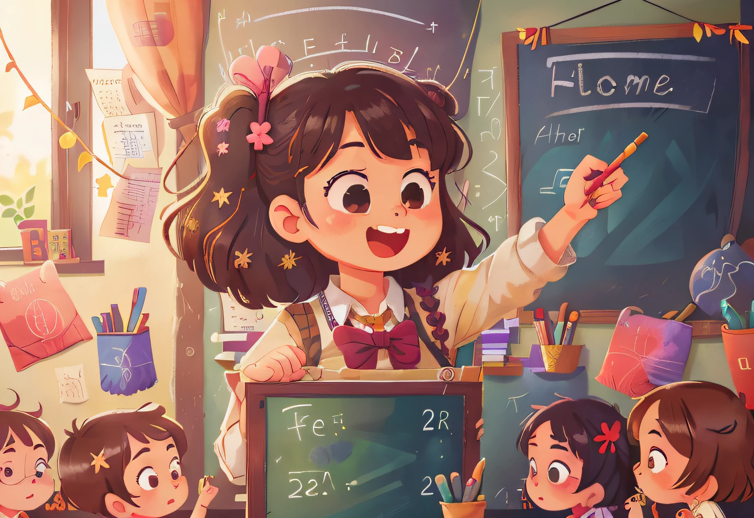 A beautiful teacher, classroom, blackboard with alphabets happy, happy, perfect quality, clear focus (clutter - home: 0.8), (masterpiece: 1.2) (realistic: 1.2) (bokeh) (best quality) (detailed skin: 1.3) (intricate details) (8K) (detail eyes) (sharp focus), (happy)