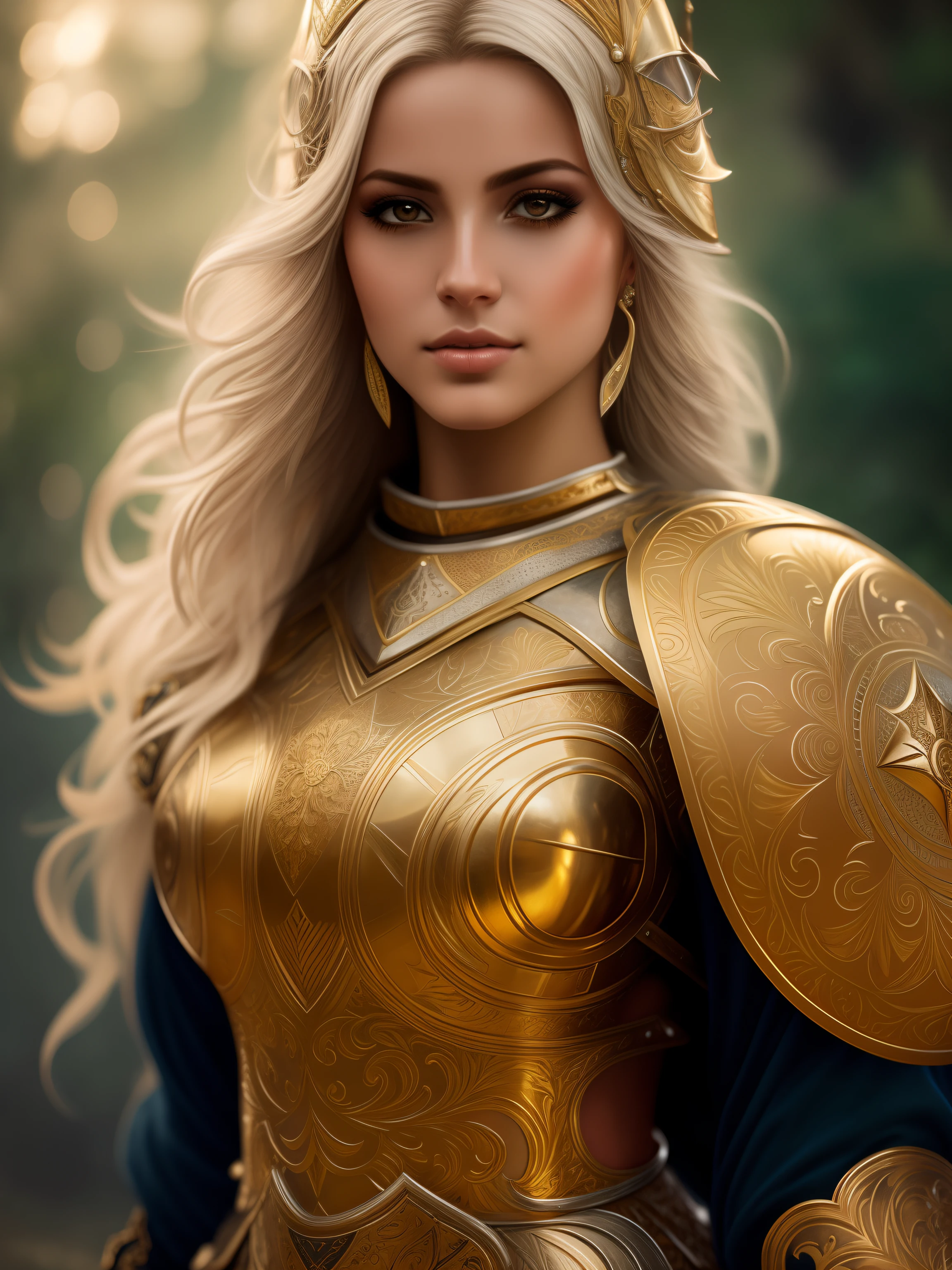 Mulher loira em armadura de ouro com uma coroa dourada e olhos azuis, armadura bonita, armadura pesada de ouro. Dramatic, de uma bela cavaleiro feminina, menina na armadura do cavaleiro, Armadura Dourada Angelical, armadura impressionante, cavaleiro feminino bonito, fantasia paladin mulher, gorgeous female paladin, usando armadura dourada, usando armadura dourada, 4K fantasia detalhe, mulher da fantasia, karol bak uhd