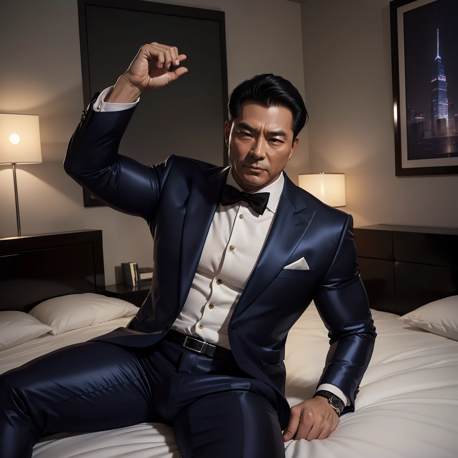 50 years old,daddy,shiny suit,k hd,in the office,muscle, gay ,black hair,asia face,masculine,strong man,The boss sleeps comfortably on the bed