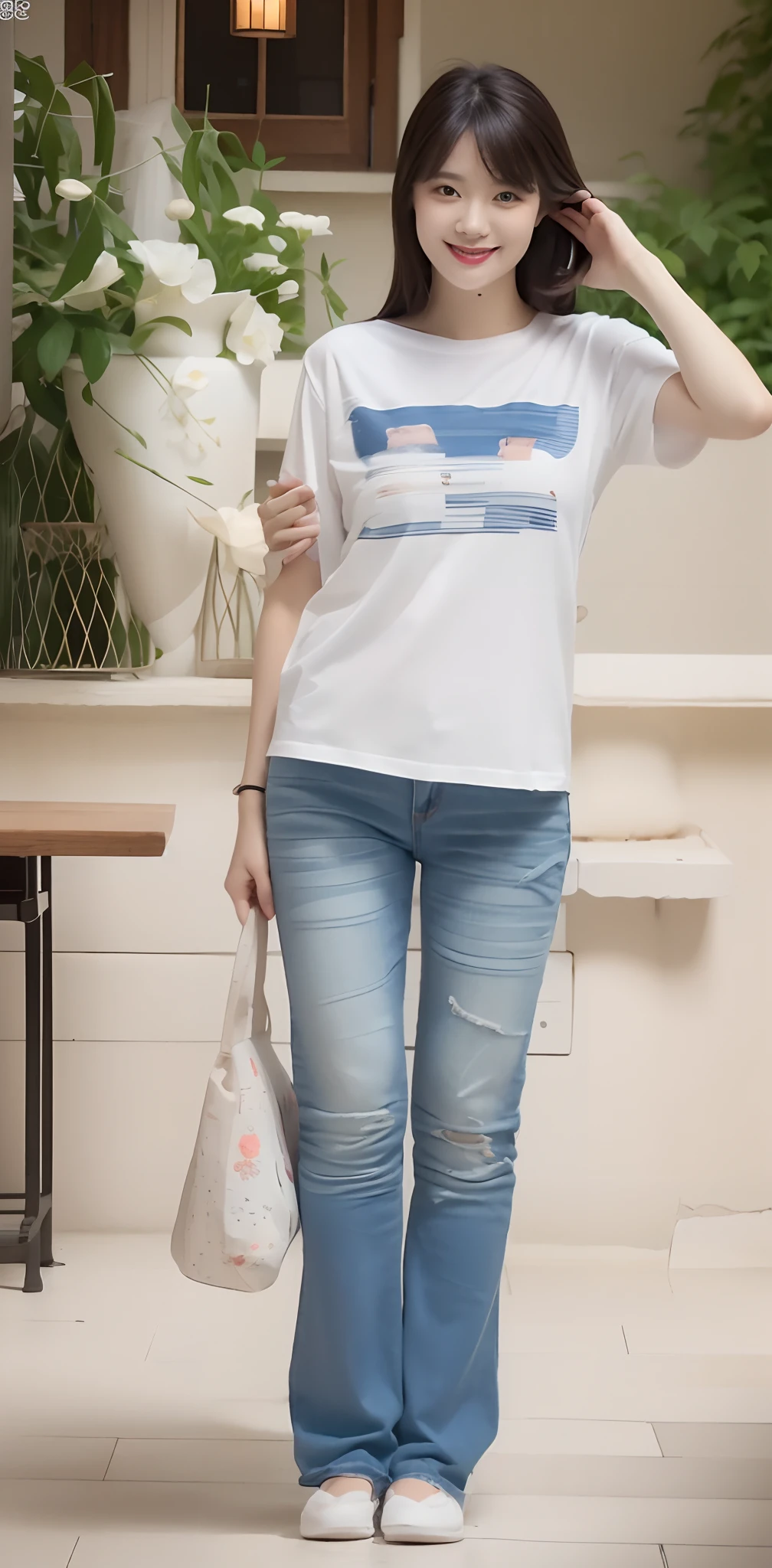 (超高分辨率,RAW photogr,8K,k hd,Best quality,tmasterpiece:1.5),(Complicated details,realisticlying),1 very beautiful woman, age 22, Solo, A high resolution, Extremely detailed face, (Professional lighting,Bokeh),(light particules,lens flare glow,Luminous Particle:0.6),gentlesoftlighting,Trendy atmosphere,jpn,the street,Stylish short hair,bobo head, A brown-haired, Hair is delicate and soft,Fluttering, cparted lips, lipsticks, Seductive smile, ssmile, Open-mouthed, teeth, There are small dimples,White swan neck,Shave your shoulders, Bigchest,(Petite,Golden ratio figure),Wear one(blue gray)(tight-fitting,Wrap tightly around the body)Sweaters, (Wash blue)(Fashion jeans),(detailed outfits:1.5), 二重まぶた,long eyelasher, birthmark, (Moles under eyes: 1), Big breasts Thin waist,Beautiful buttocks,The calves are well-proportioned, slenderness:1.2,A pair of small white and tender jade feet,Beautiful toes:1.5,Wear stylish sandals,(Coquettish and playful beautiful pose),Female-centered focus photography,The waist and crotch are the focus,SLR camera,wide wide shot,close focus,shooting full body:1.8,fully body photo:1.8