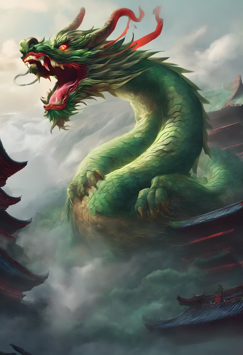 China-style,Chinese mythology,Green Dragon,tosen,Ferocious,gargantuan,The eyes glow red,Glow effects,surrounded by cloud,中景 the scene is,Full body like, highly detailed surreal vfx,oc rendered, - AR 16:9 --q 2 --s 1000