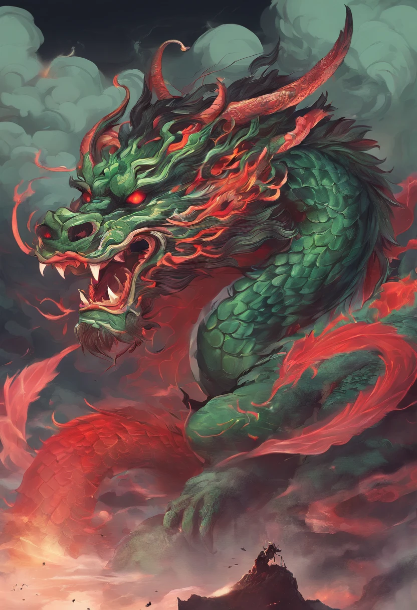 China-style,Chinese mythology,Chinese Green Dragon,tosen,Ferocious,gargantuan,The eyes glow red,Glow effects,surrounded by cloud,Thick clouds,buliding,中景 the scene is,Full body like, highly detailed surreal vfx,oc rendered,