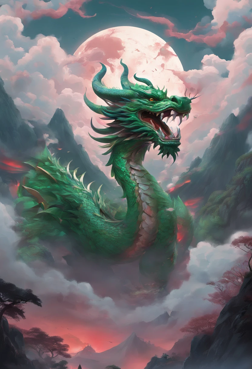 China-style，Chinese mythology，Chinese Green Dragon，tosen，Ferocious，gargantuan，The eyes glow red，Glow effects，surrounded by cloud，Thick clouds，buliding，中景 the scene is，Full body like， highly detailed surreal vfx，oc rendered，