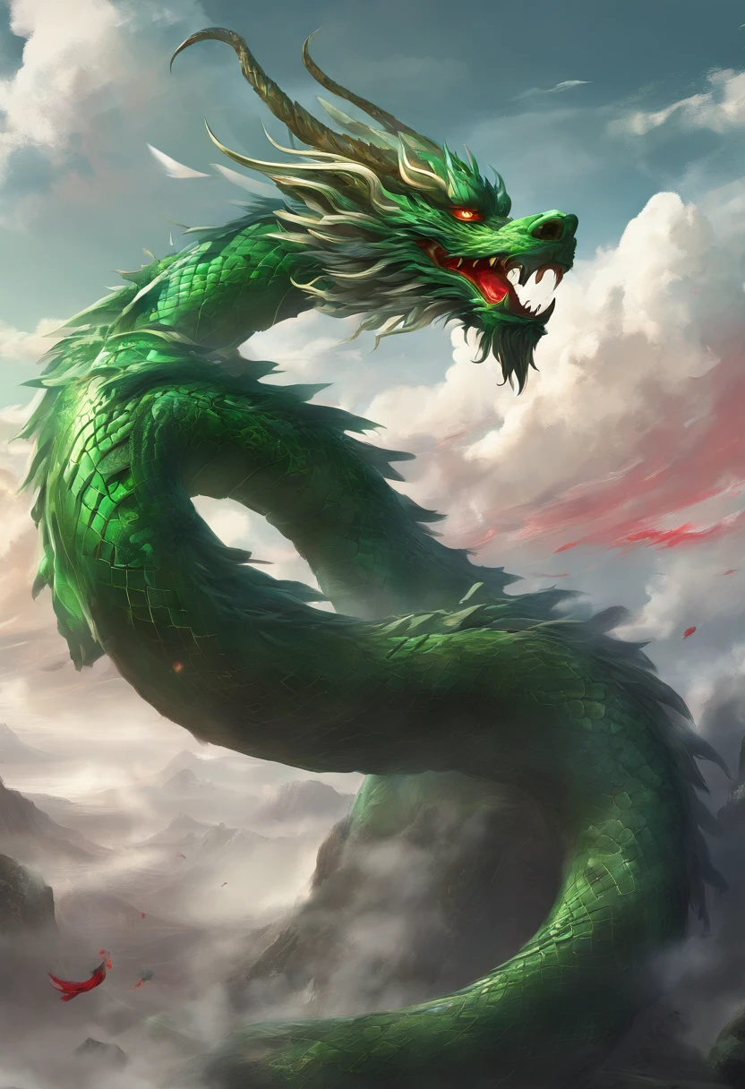 China-style，Chinese mythology，Chinese Green Dragon，tosen，Ferocious，gargantuan，The eyes glow red，Glow effects，surrounded by cloud，Thick clouds，buliding，中景 the scene is，Full body like， highly detailed surreal vfx，oc rendered，