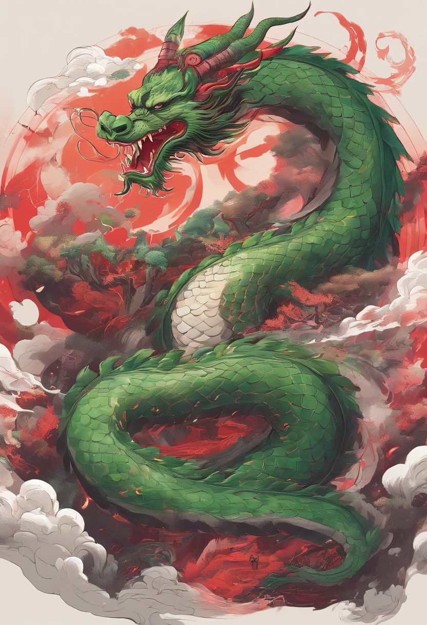 China-style，Chinese mythology，Chinese Green Dragon，tosen，Ferocious，gargantuan，The eyes glow red，Glow effects，surrounded by cloud，Thick clouds，buliding，中景 the scene is，Full body like， highly detailed surreal vfx，oc rendered，