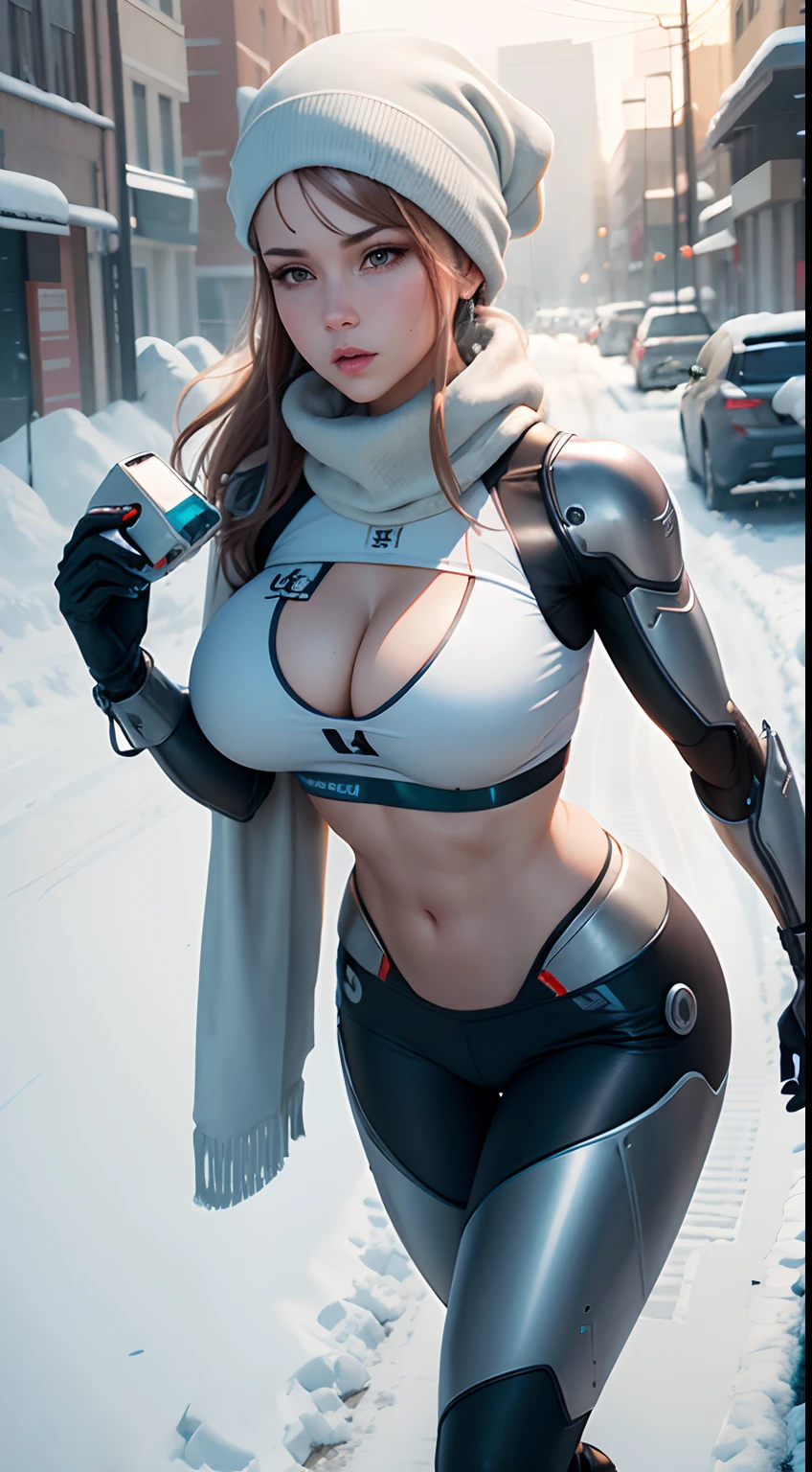 Sexy Athletic Woman Body Big Breasts As Body Part Robotics Metal Screw Sample Metal Boot Chewing Metal Battery Electronic Eye Coat White Wife Turban Cold Snow Senary