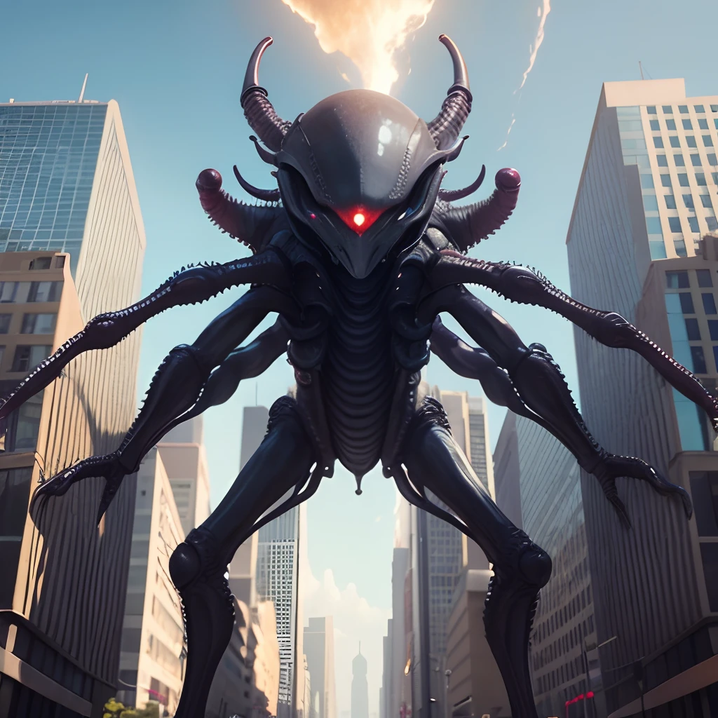 An alien creature with multiple legs in the center of the city.