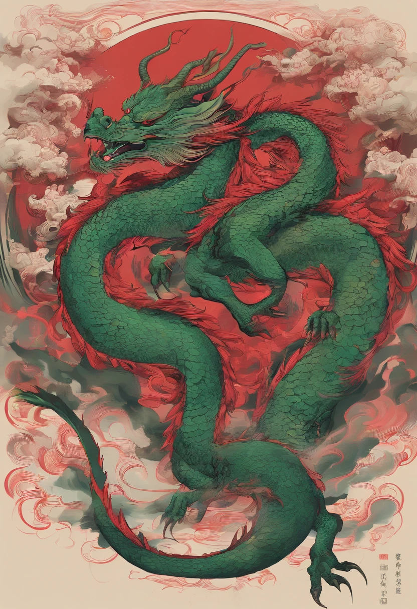 China-style,Chinese mythology,Chinese Green Dragon,tosen,Ferocious,gargantuan,The eyes glow red,Glow effects,surrounded by cloud,Thick clouds,buliding,中景 the scene is,Full body like, highly detailed surreal vfx,oc rendered,