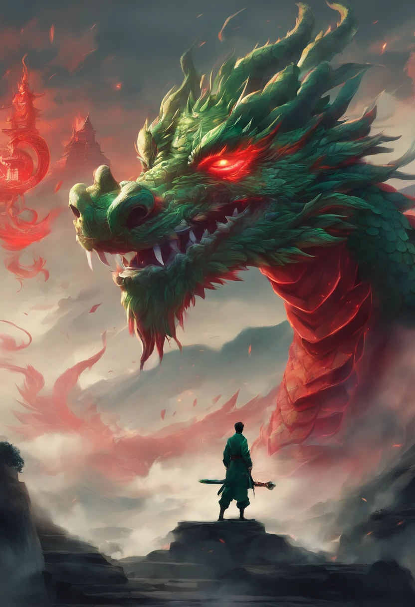 China-style，Chinese mythology，Chinese Green Dragon，tosen，Ferocious，gargantuan，The eyes glow red，Glow effects，surrounded by cloud，Thick clouds，buliding，中景 the scene is，Full body like， highly detailed surreal vfx，oc rendered，