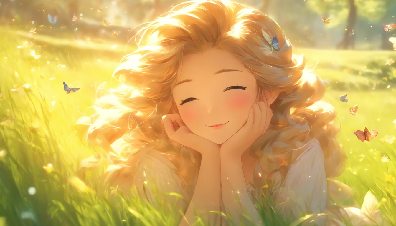 (highres,masterpiece:1.2),ultra-detailed,(realistic,photorealistic,photo-realistic:1.37),beautiful detailed eyes,beautiful detailed lips,extremely detailed eyes and face,longeyelashes,garden,soft morning light,peaceful atmosphere,blush pink color palette,flowing silk dress,fragrant flowers,gentle breeze,sparkling dewdrops,warm sunshine on the girl's face,graceful and relaxed pose,comfortable and luxurious bedroom,serene expression,wonderful dreamy feeling,wavy golden hair,tiny birds chirping in the background,fresh green grass,tall trees reaching towards the sky,tranquil and enchanting surroundings,subtle colors blending harmoniously,sublime beauty of nature,dainty butterflies fluttering around,delicate features,serene atmosphere,soft music playing in the air,calm and tranquil morning scene,relaxing and rejuvenating start to the day.