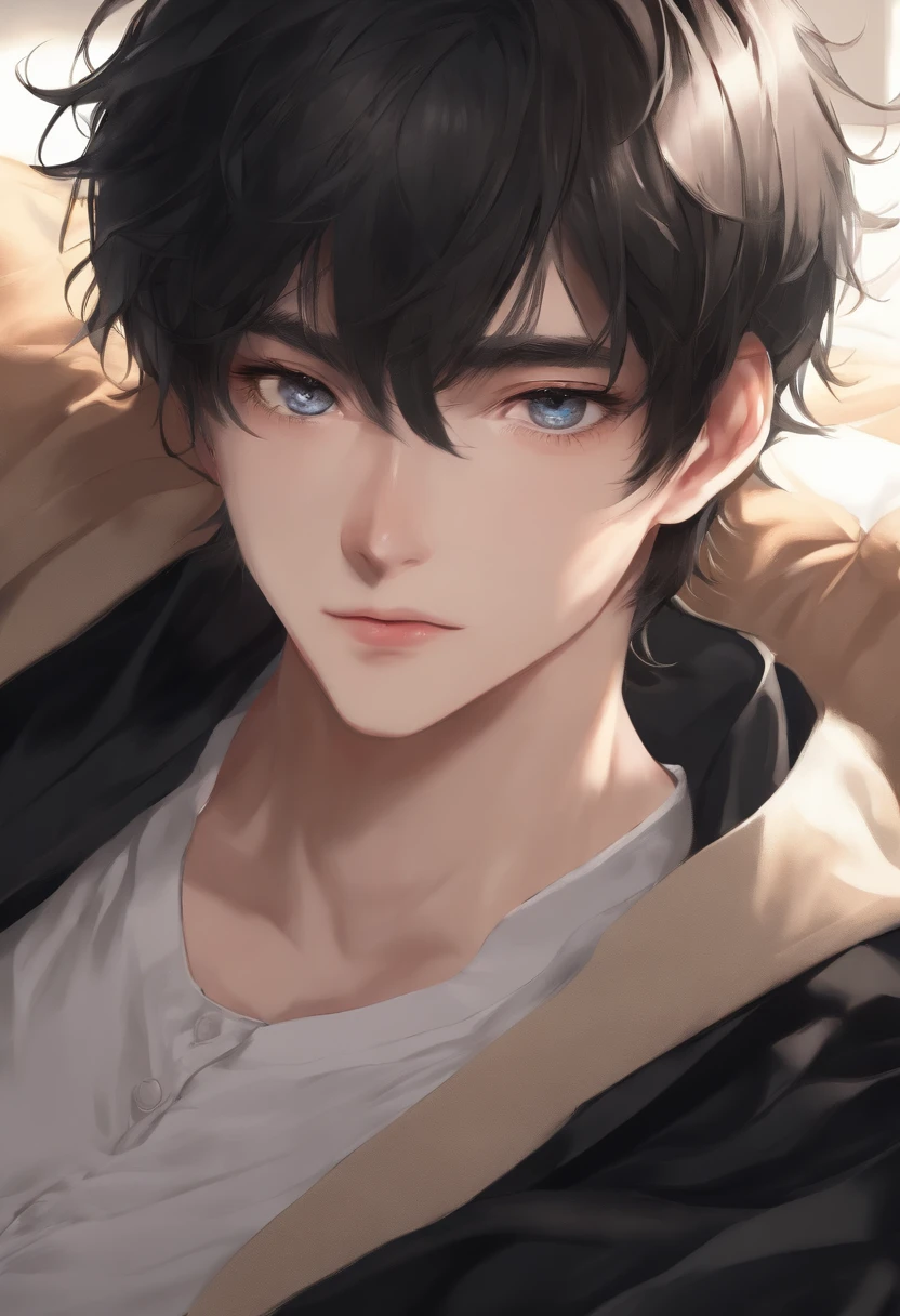 master piece , Cool Boy, Japanese , Cool Face , 20 years old , (symmetric clear eyes:1.3) , Shining eyes , Looking at Viewer , White skin, Black hair, bed