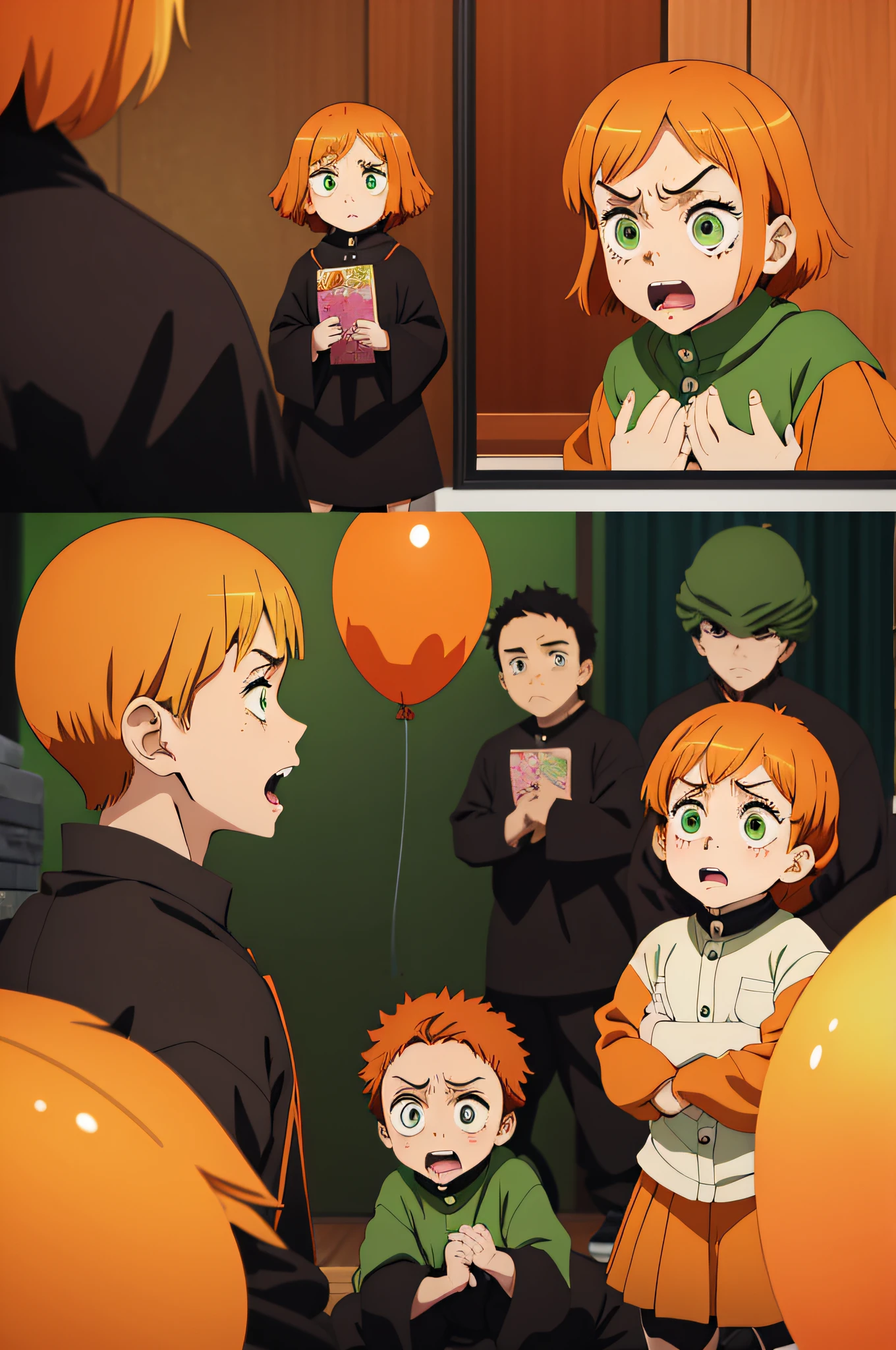  girl, kid,e, really upset, with short dark orange hair, green eyes, young age, charac sheet, different poses, upset, unhappy, furious, screaming, full body, yelling