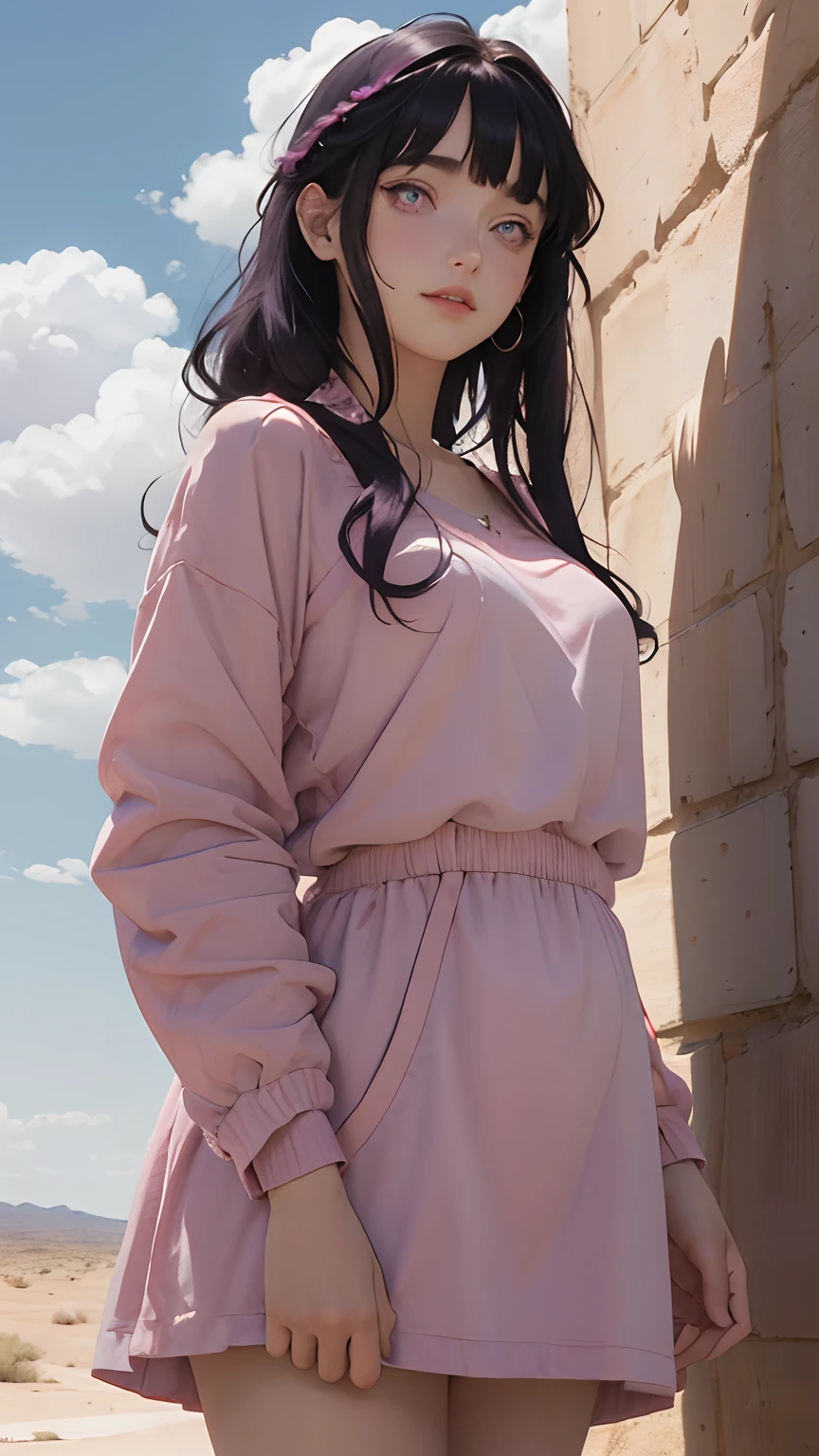 Summer, desert, pink clouds, a land overgrown with roses stands beautiful girl, James Gurney, art station rendered, ultra-wide lens, high definition,Blunt Bangs, purple eyes, long curly dark blue hair
