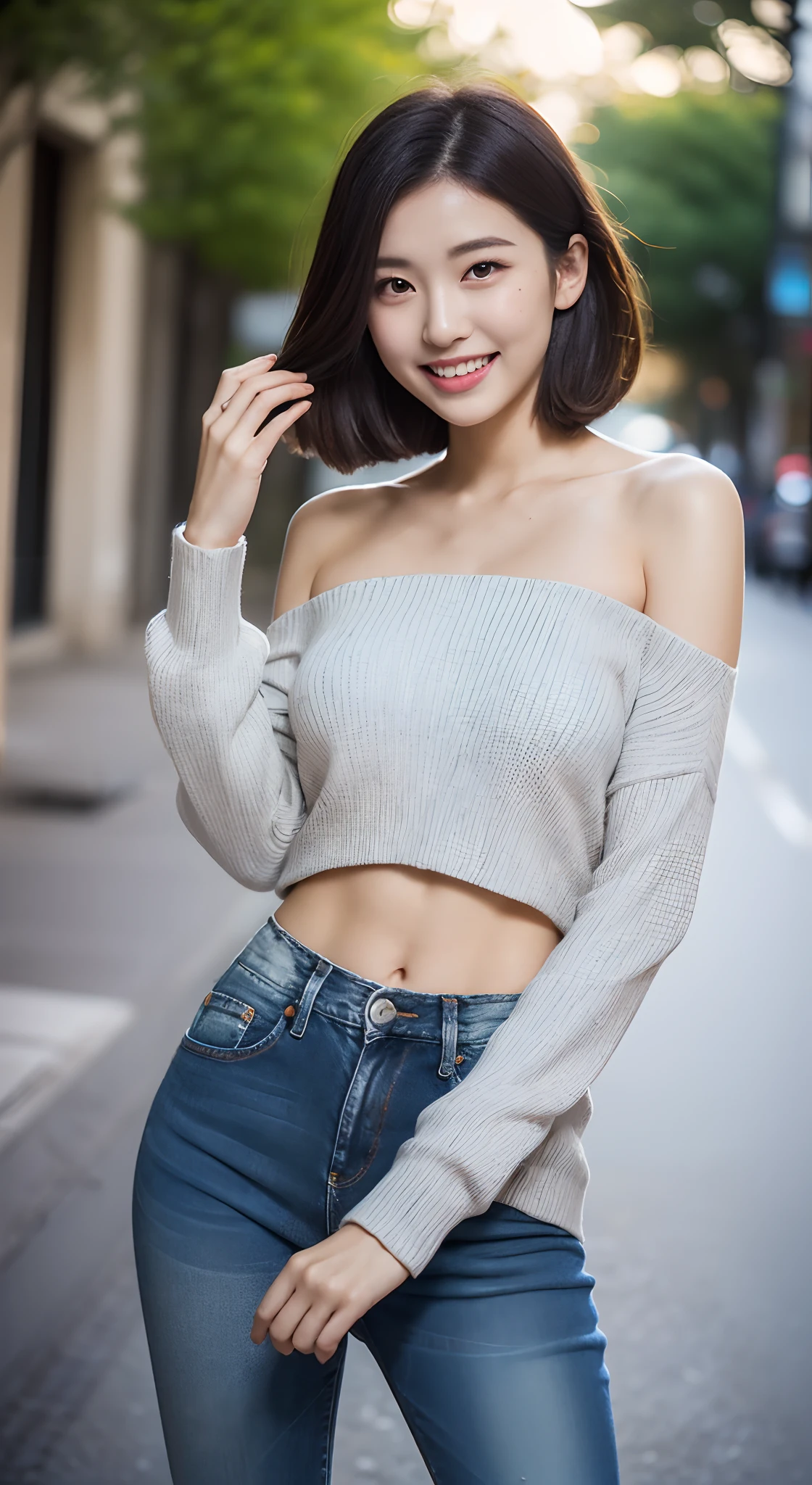(超高分辨率,RAW photogr,8K,k hd,Best quality,tmasterpiece:1.5),(Complicated details,realisticlying),1 very beautiful woman, age 22, Solo, A high resolution, Extremely detailed face, (Professional lighting,Bokeh),(light particules,lens flare glow,Luminous Particle:0.6),gentlesoftlighting,Trendy atmosphere,jpn,the street,Stylish short hair,bobo head, A brown-haired, Hair is delicate and soft,Fluttering, cparted lips, lipsticks, Seductive smile, ssmile, Open-mouthed, teeth, There are small dimples,White swan neck,Shave your shoulders, Bigchest,(Petite,Golden ratio figure),Wear one(blue gray)(tight-fitting,Fit snugly to the body)Sweaters, (Wash blue)(Fashion jeans),(detailed outfits:1.5), 二重まぶた,long eyelasher, birthmark, (Moles under eyes: 1), Big breasts Thin waist,Beautiful buttocks,The calves are well-proportioned, slenderness:1.2,A pair of small white and tender jade feet,Beautiful toes:1.5,Wear stylish sandals,(Coquettish and playful beautiful pose),Female-centered focus photography,The waist and crotch are the focus,Single wide illumination,naturalshadow,wide wide shot,close focus,shooting full body:1.8