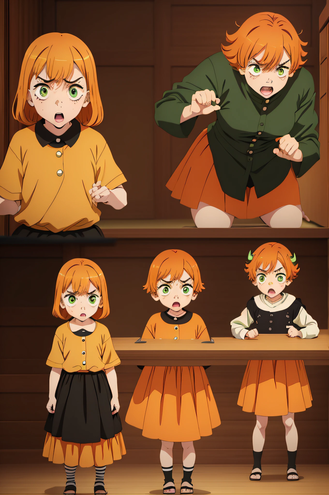 little girl, kid, anime, really upset, with short dark orange hair, green eyes, young age, character sheet, different poses, upset, unhappy, furious, screaming, full body, yelling