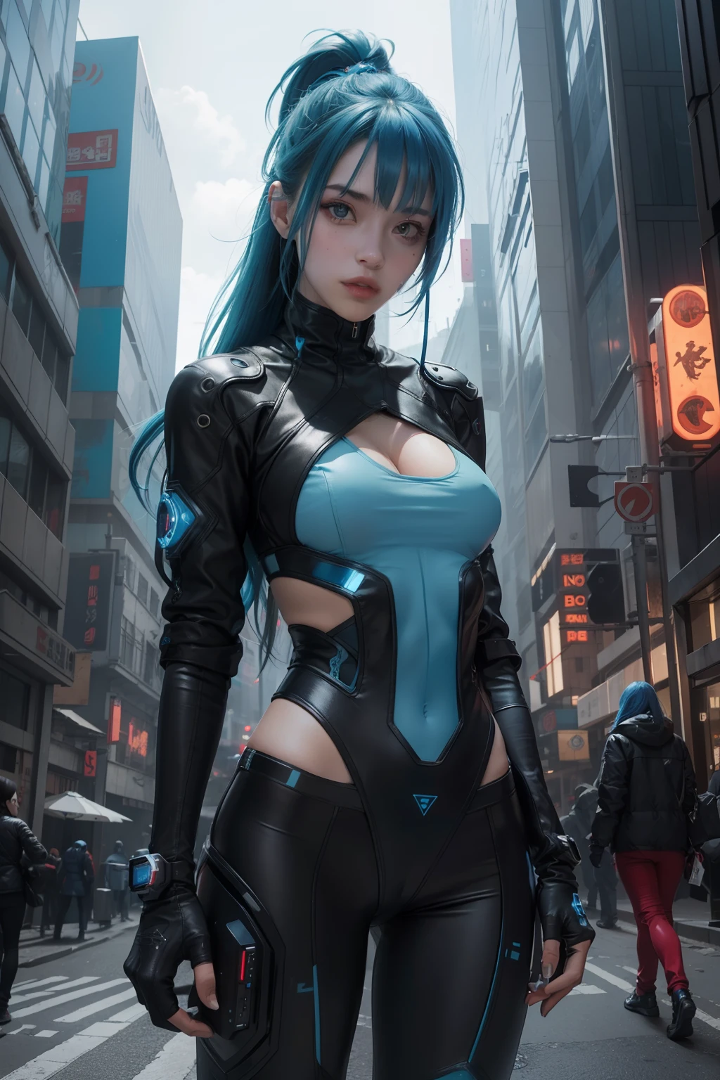 8K、top-quality、An ultra-high picture quality、ultra-detailliert、Ultra-realistic flesh feeling、full bodyesbian、A sexy、Kunoichi、Beauty in the rain、ripped clothing、Less fabric area、Looking at the camera、Long blue hair ponytail、shinny skin、Very gigantic-breasts、ample breasts、Breasts that are about to spill、extremely big ass、shinny skin 、The background is a cyberpunk rainy night cityscape --auto --s2