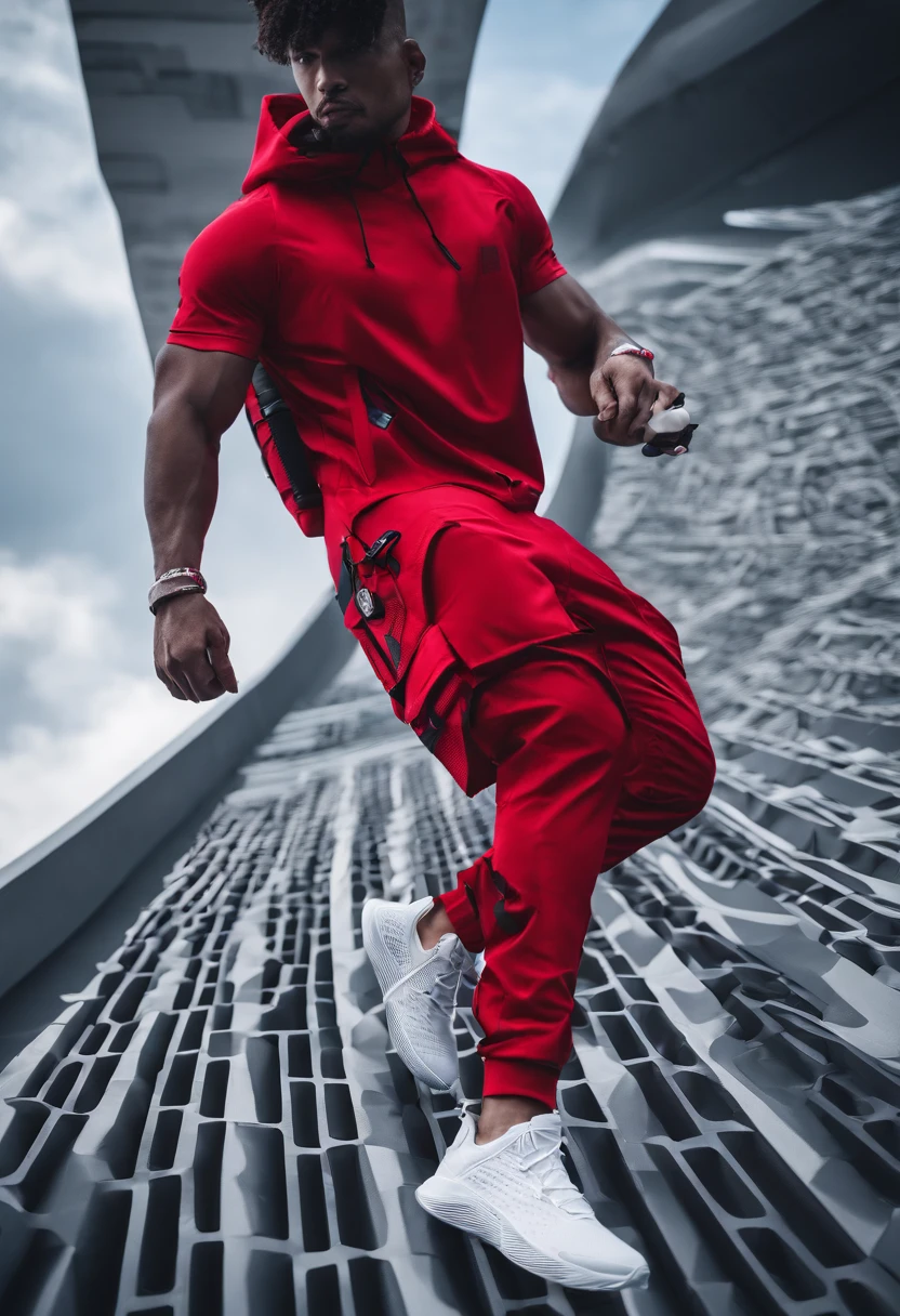 Spirit guys，Dynamic，workout，Desportivo，Basketball shoes，Red beach pants，Blue T-shirt，with blue sky and white clouds，Masterpiece details