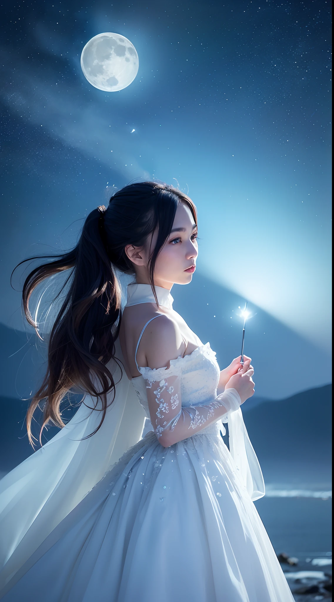 Masterpiece, (Best Quality: 1.2), (Super Fine: 1.2), Illustration, (Extremely Delicate and Beautiful: 1.2), Film Angle, Floating, (Beautiful Detail Eye: 1.1), (Detail Light: 1.1), Film Lights, Delicate Sky, Woman, White Hair, Blue Eyes, (High Ponytail: 1.1), Cloak, Glowing Eyes, (Moon: 1.2), (Moonlight: 1.1), Starry Sky, (Light Particles: 1.1), Fog , snow painting, sketching, blooming