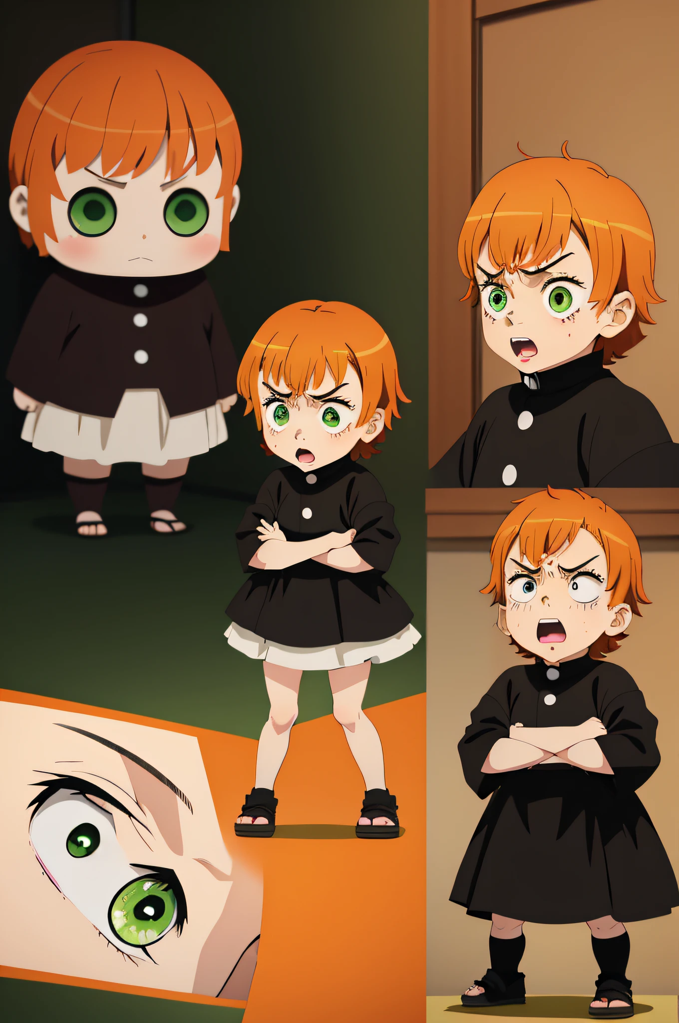 little girl, ???, anime, really upset, with short dark orange hair, green eyes, young age, character sheet, different poses, upset, unhappy, furious, screaming, full body, yelling