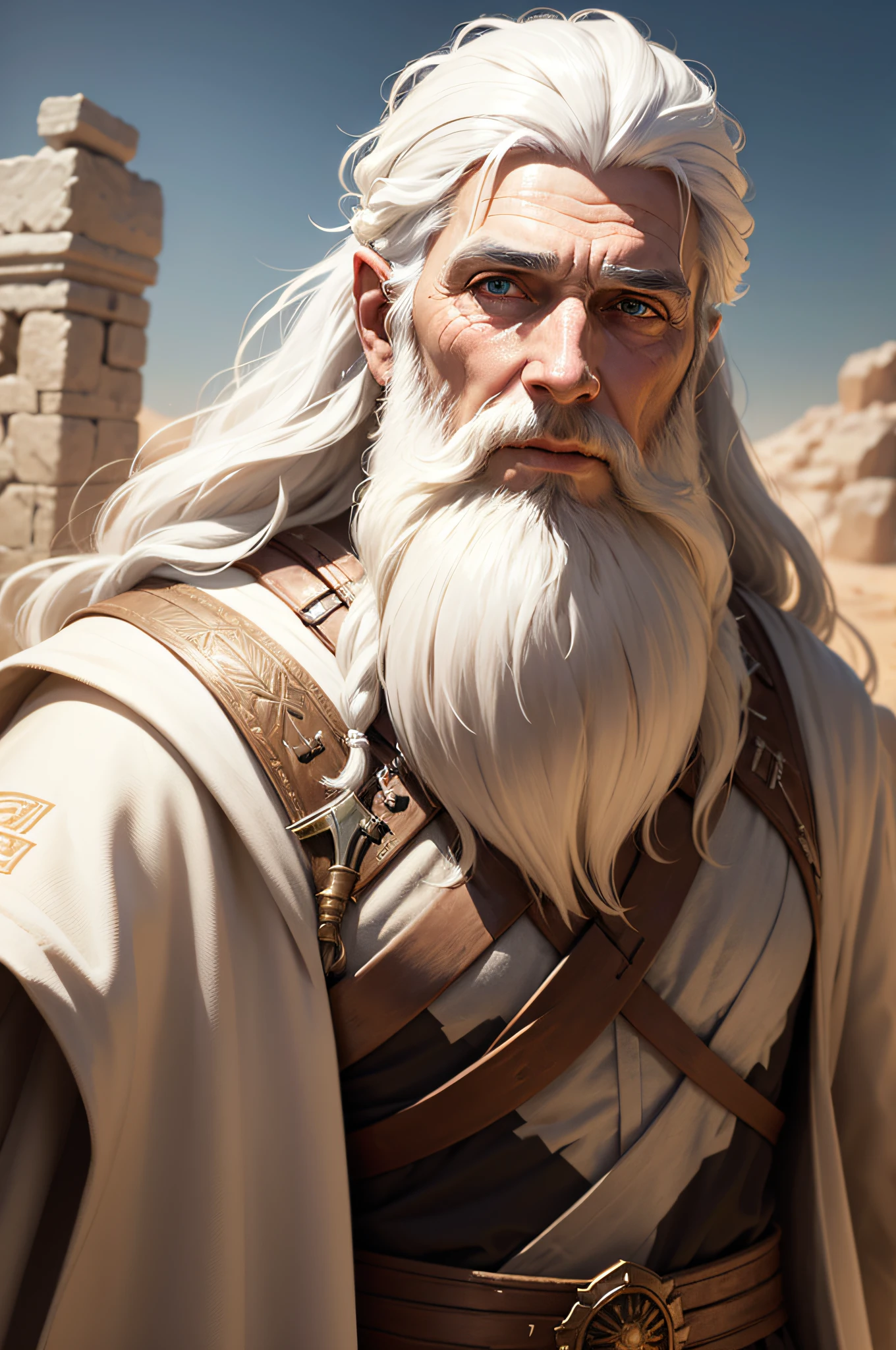 a prophet from biblical times with white hair and beard looking forward, realistic 4k