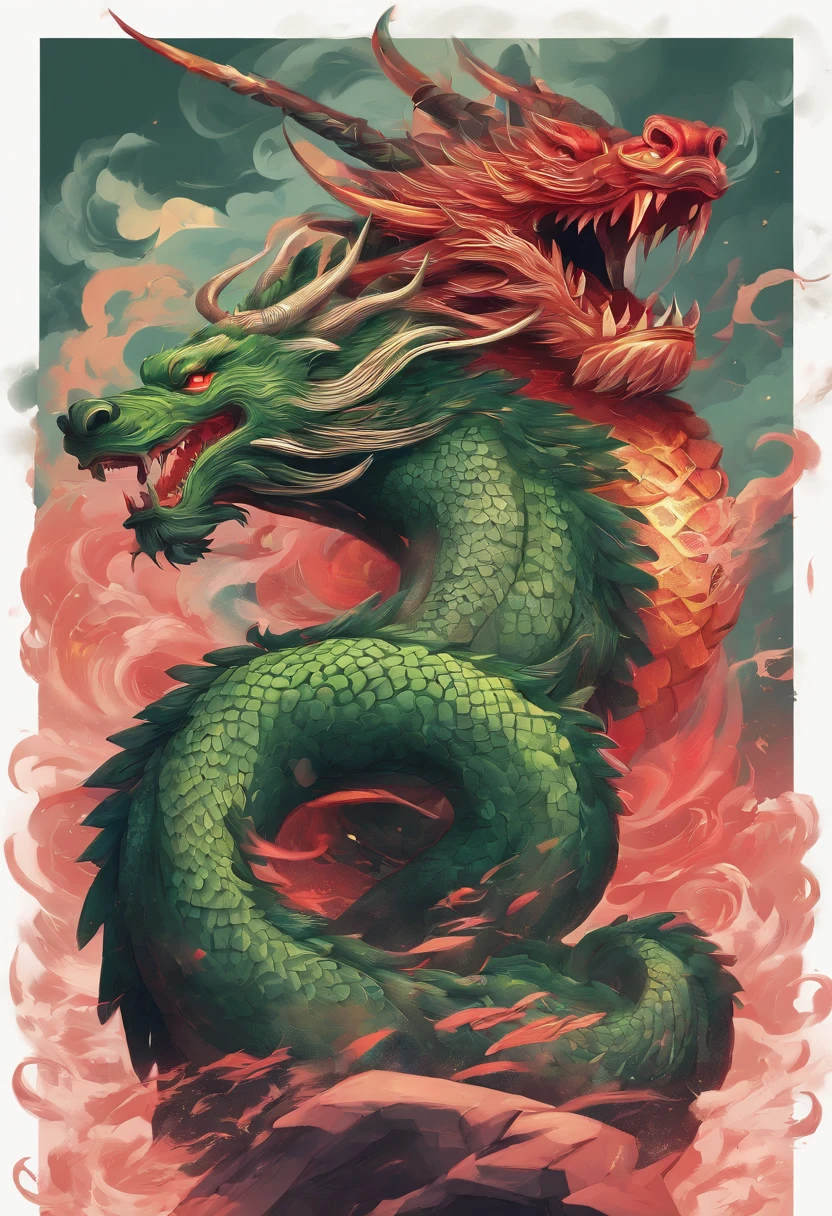 China-style,Chinese mythology,Chinese Green Dragon,tosen,Ferocious,gargantuan,The eyes glow red,Glow effects,surrounded by cloud,Thick clouds,buliding,中景 the scene is,Full body like, highly detailed surreal vfx,oc rendered,