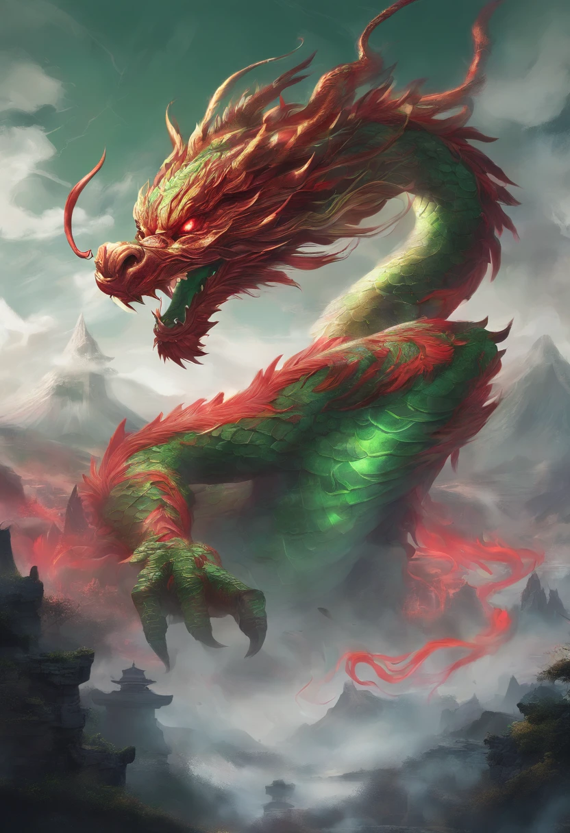 plushies,china style,Chinese mythology,Chinese Green Dragon,tosen,Ferocious,immensity,Eyes glow red,glow effect,Surrounded by clouds,Thick clouds,buliding,中景 the scene is,Full body like, Highly detailed surreal VFX,OC rendering,