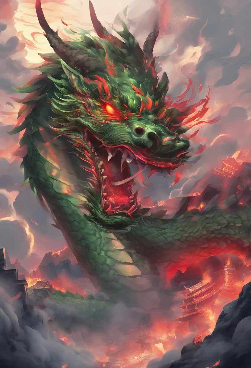 China-style,Chinese mythology,Chinese Green Dragon,tosen,Ferocious,gargantuan,The eyes glow red,Glow effects,surrounded by cloud,Thick clouds,buliding,中景 the scene is,Full body like, highly detailed surreal vfx,oc rendered,