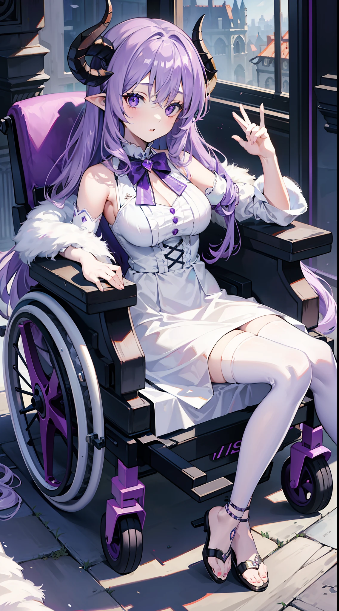 young girl, long curly lilac hair, violet eyes, Sheep horns, princess dress, open breasts, sitting in a wheelchair, Masterpiece, hiquality, higly detailed, HD, 4k