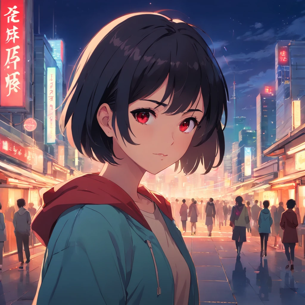  girl .Short black hair.red eyes.Modern clothes.Background city at night