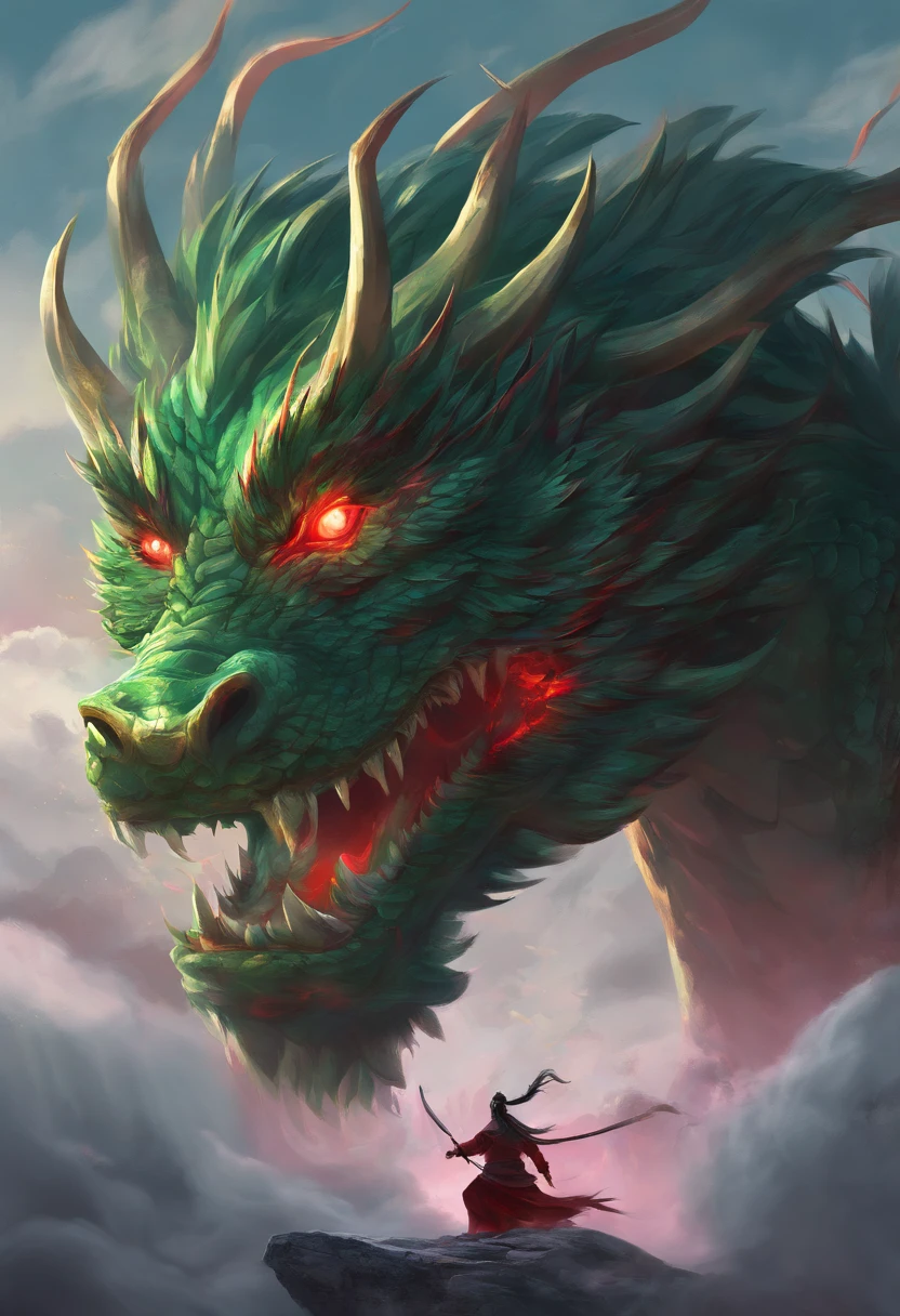 China-style，Chinese mythology，Chinese Green Dragon，tosen，Ferocious，gargantuan，The eyes glow red，Glow effects，surrounded by cloud，Thick clouds，buliding，中景 the scene is，Full body like， highly detailed surreal vfx，oc rendered，