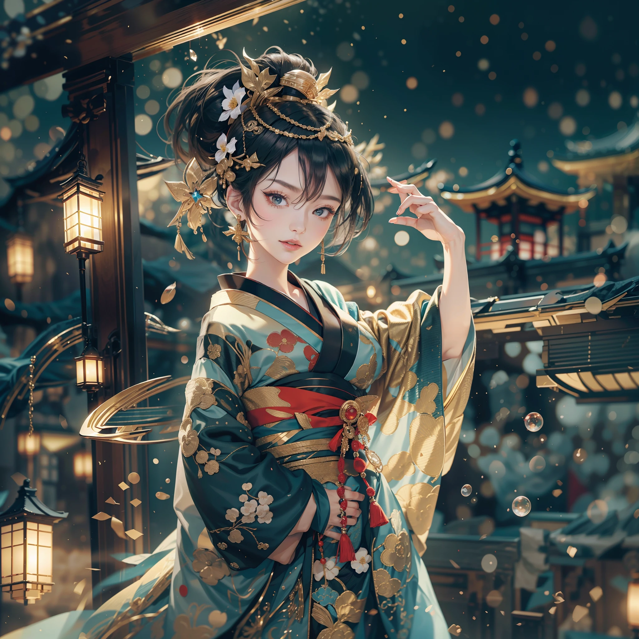 watching at viewers,Dark background goognos(kyoto、starryskybackground,dense background),perfect hand、Break Ponytail、Woman with shiny black hair、 elaborate costume{Luxury kimono(Colorful kimono(Detailed golden embroidery,))}、face perfect,Depict a beautiful and graceful woman of Japan。Heart in the eye。full body Esbian。 Wallpaper 8K, .Blur the background with a sickle,((masutepiece)), ((Best Quality)),photorealistic