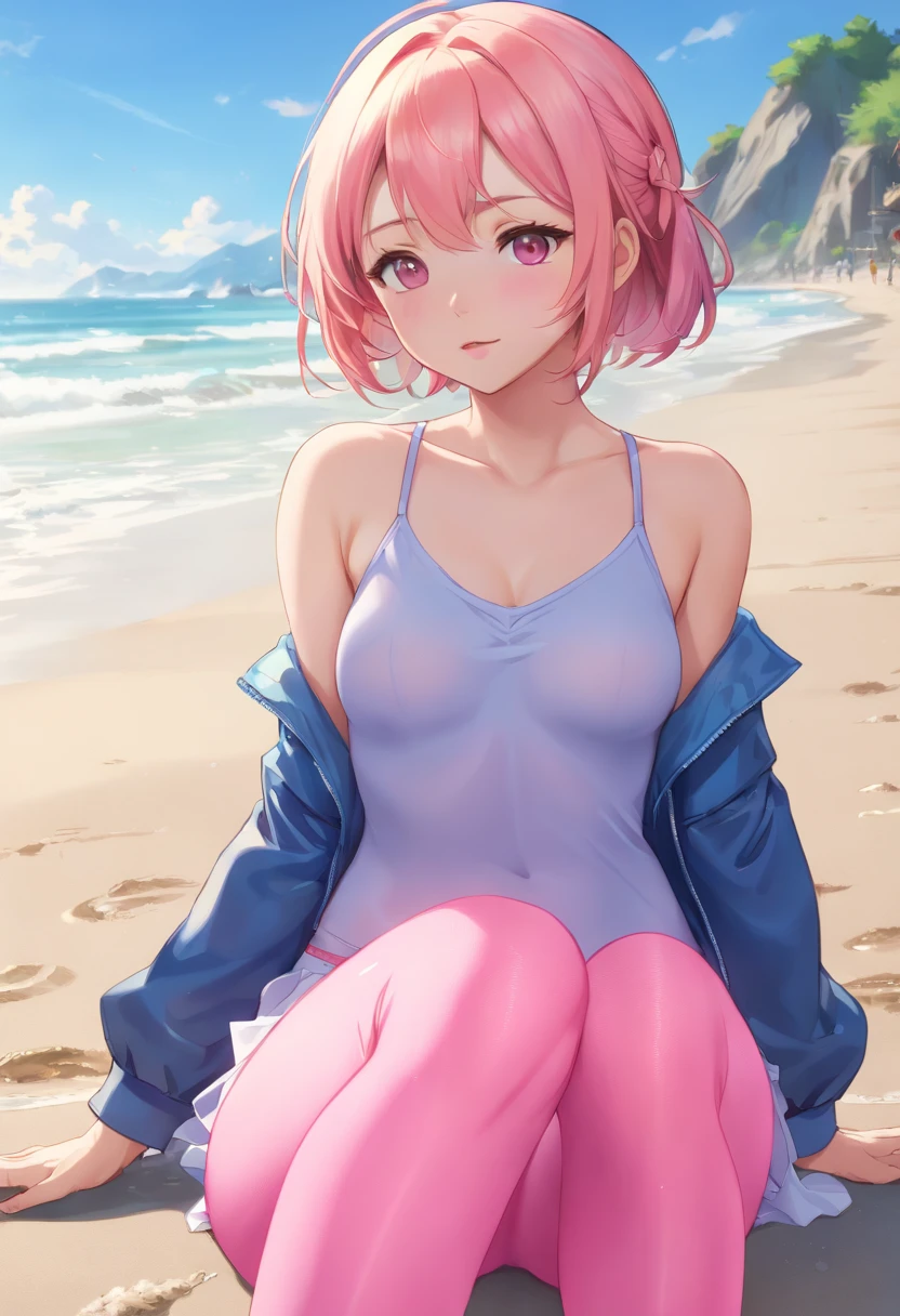 masterpiece level，The highest image quality，Little Lori，，School Swimsuit,Liberation，double ponytails,sitting on ground,Beach,全身，((It's cute,Cute))，amorous，long blue hair，The large,Hyperperspective，(thighband pantyhose,Pink pantyhose:1.3)，,,((Textured skin, Anatomically correct, masutepiece, nffsw, ccurate, high details, Super Detail, High quality, Best Quality, hight resolution, 1080p)),Outdoors,(，glistning skin，Skin type,Body Body:1.6)(14 years old:1.3), (Lori), (Fair skin, (Beautiful Girl: 1.5), (Skin type: 1.5), (Glossy skin: 1.3), (Beautiful Girl), (Great body), Short hair, (Straight hair), ((rose hair)), Beautiful detail hair,Soft light，