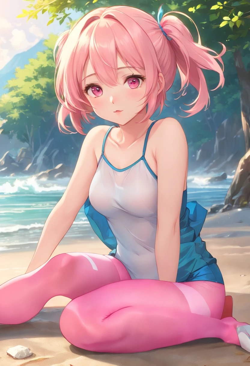 masterpiece level,The highest image quality,Little Lori,,School Swimsuit,Liberation,double ponytails,sitting on ground,Beach,全身,((It's cute,Cute)),amorous,long blue hair,The large,Hyperperspective,(thighband pantyhose,Pink pantyhose:1.3),,,((Textured skin, Anatomically correct, masutepiece, nffsw, ccurate, high details, Super Detail, High quality, Best Quality, hight resolution, 1080p)),Outdoors,(,glistning skin,Skin type,Body Body:1.6)(14 years old:1.3), (Lori), (Fair skin, (Beautiful Girl: 1.5), (Skin type: 1.5), (Glossy skin: 1.3), (Beautiful Girl), (Great body), Short hair, (Straight hair), ((rose hair)), Beautiful detail hair,Soft light,