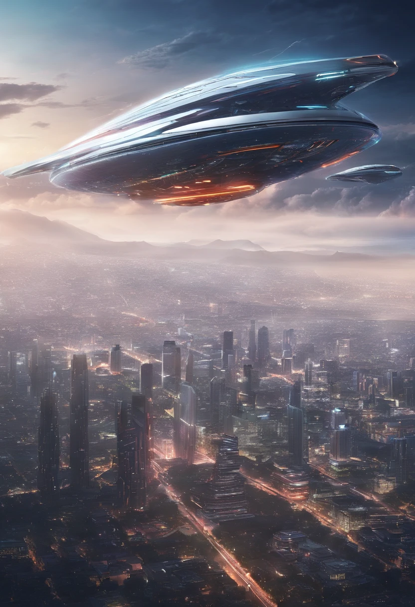 Futuristic alien spaceships flying above the clouds of Mexico City, cielo oscuro, lluvia,lightning, hiperrealista, Altamente detallado,8k