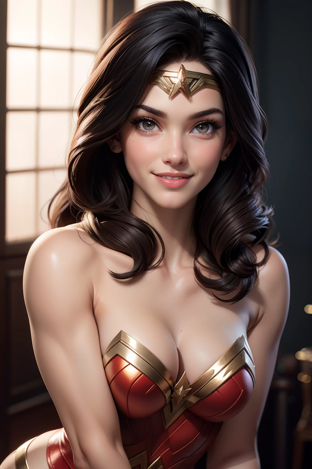 Wonder Woman, Portrait Photography by Artgerm, realism style, top naked, pert breasts, glowing skin, cartoon hero, natural light, defined lips, smiling, strong physical strength, feminine body, full body, viewer, (smile:1.2), depth of field f/1.8, studio shot, (((looking at camera))), camera facing, Ellen by von Unwerth, (sexy pose:1.5),